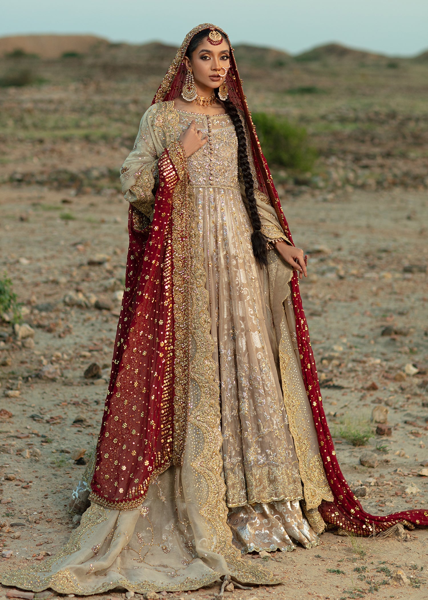 Cappuccino Gold Embellished Pure Organza Pishwas (3-Piece) - Image 1