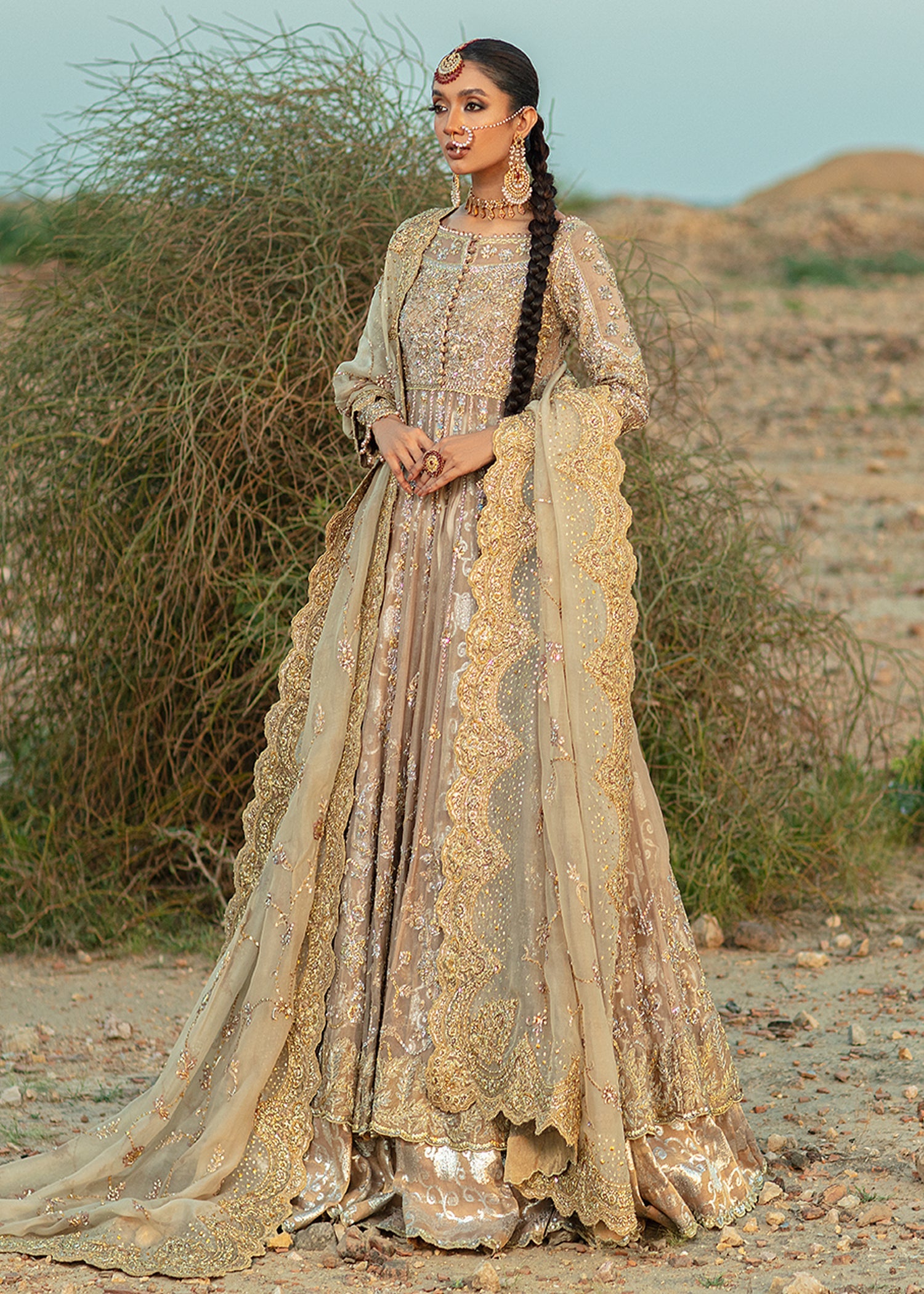 Cappuccino Gold Embellished Pure Organza Pishwas (3-Piece) - Image 2