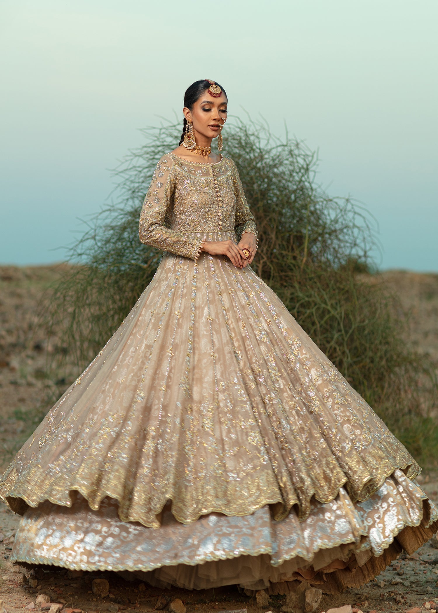 Cappuccino Gold Embellished Pure Organza Pishwas (3-Piece) - Image 3