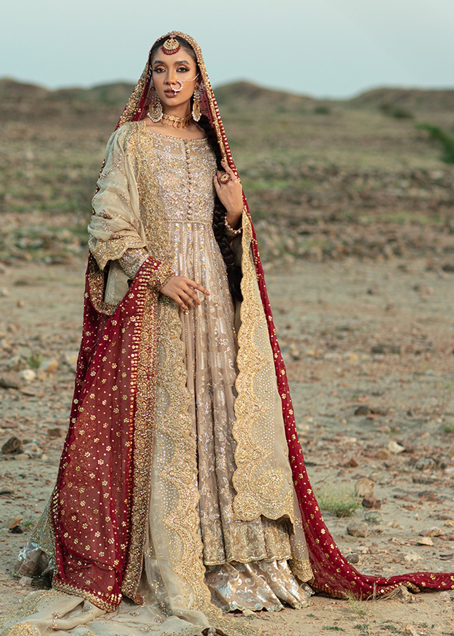 Cappuccino Gold Embellished Pure Organza Pishwas (3-Piece) - Image 5