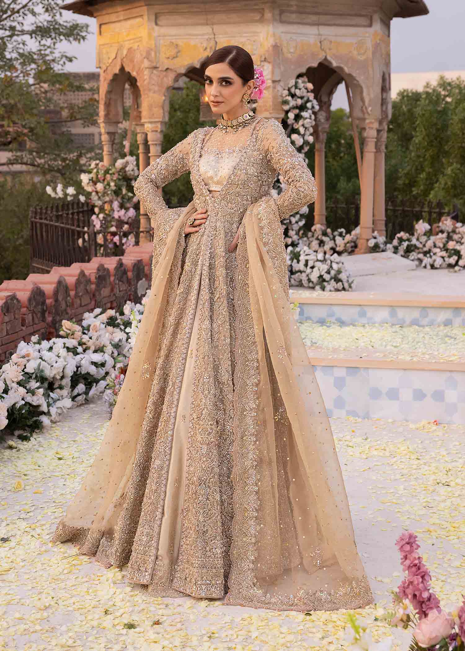 Pakistani Nude Gold Embroidered Kathaan Organza Pishwas (3-Piece) - Image 1