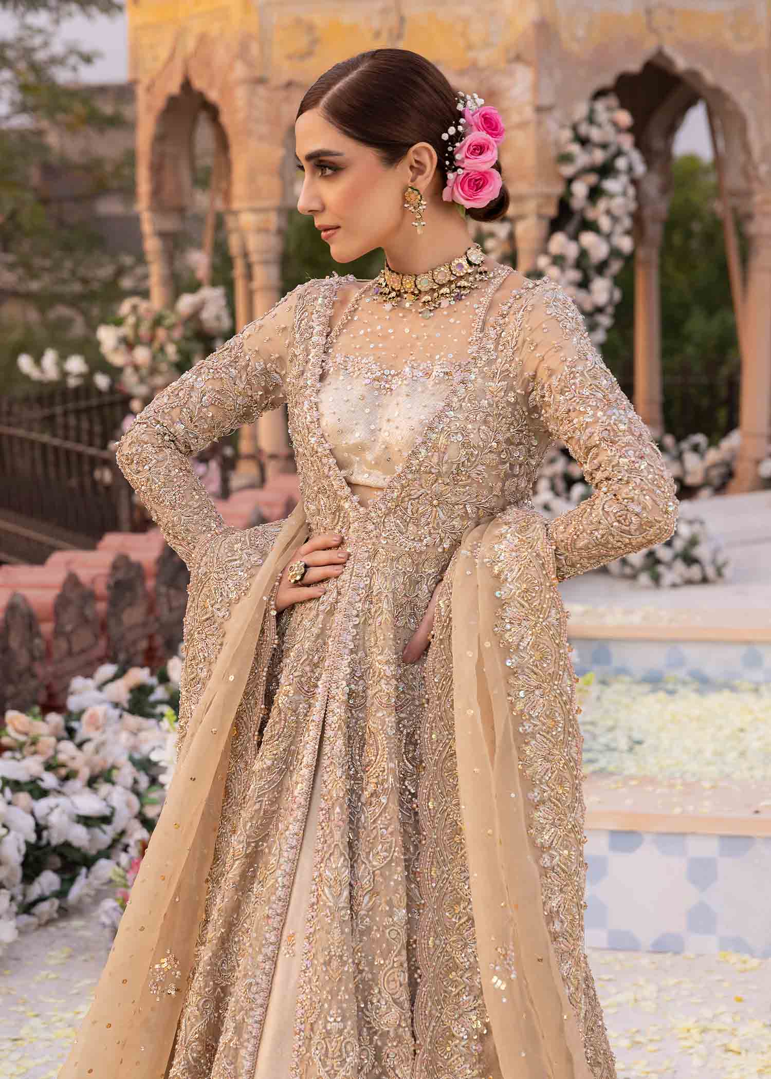 Pakistani Nude Gold Embroidered Kathaan Organza Pishwas (3-Piece) - Image 10