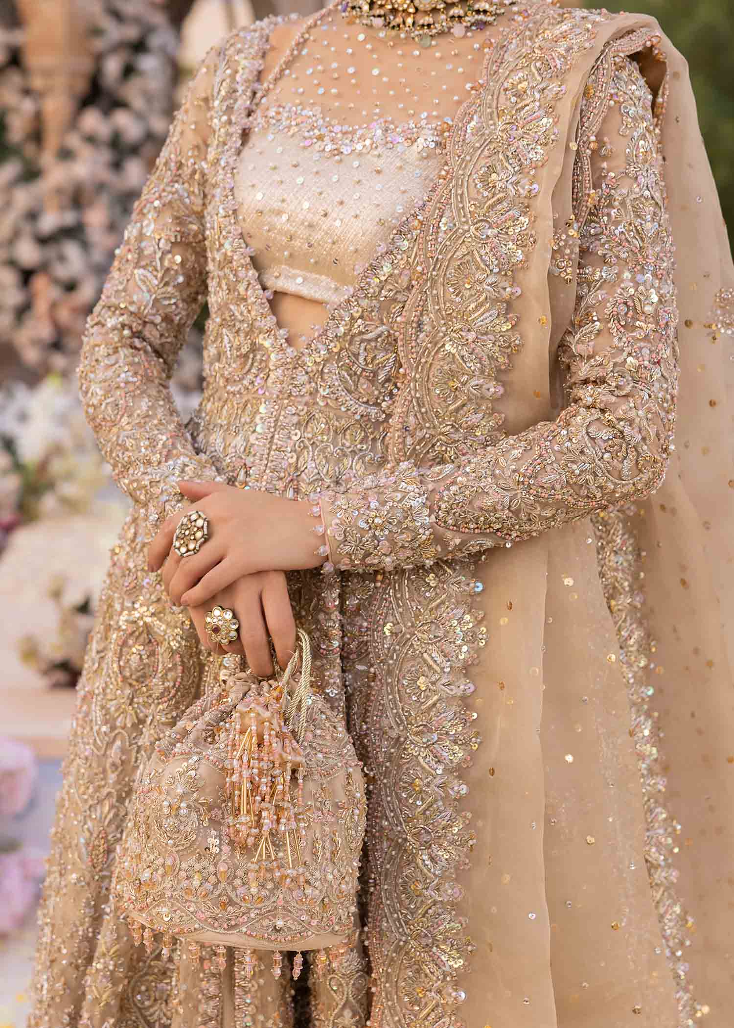 Pakistani Nude Gold Embroidered Kathaan Organza Pishwas (3-Piece) - Image 11