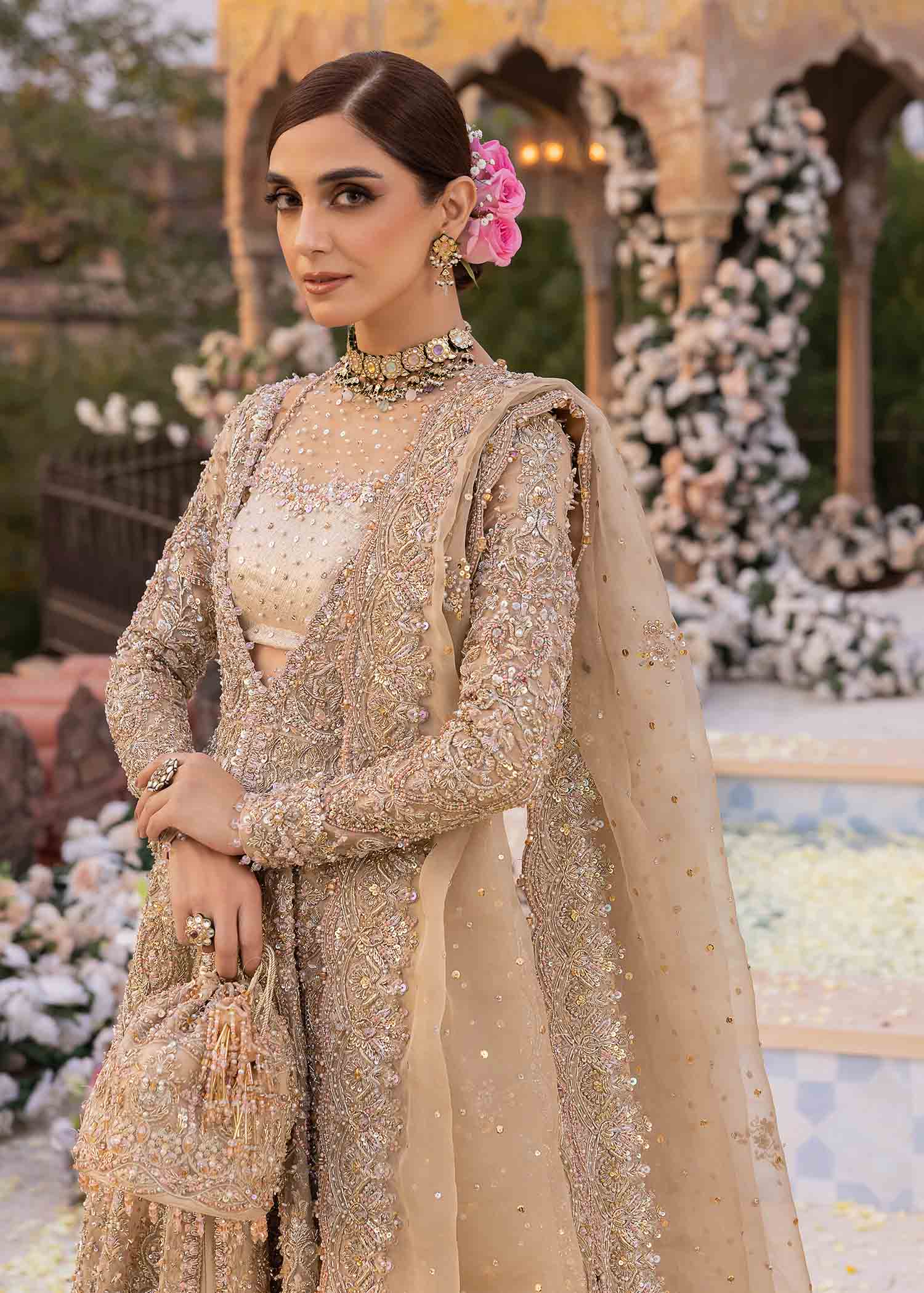 Pakistani Nude Gold Embroidered Kathaan Organza Pishwas (3-Piece) - Image 2