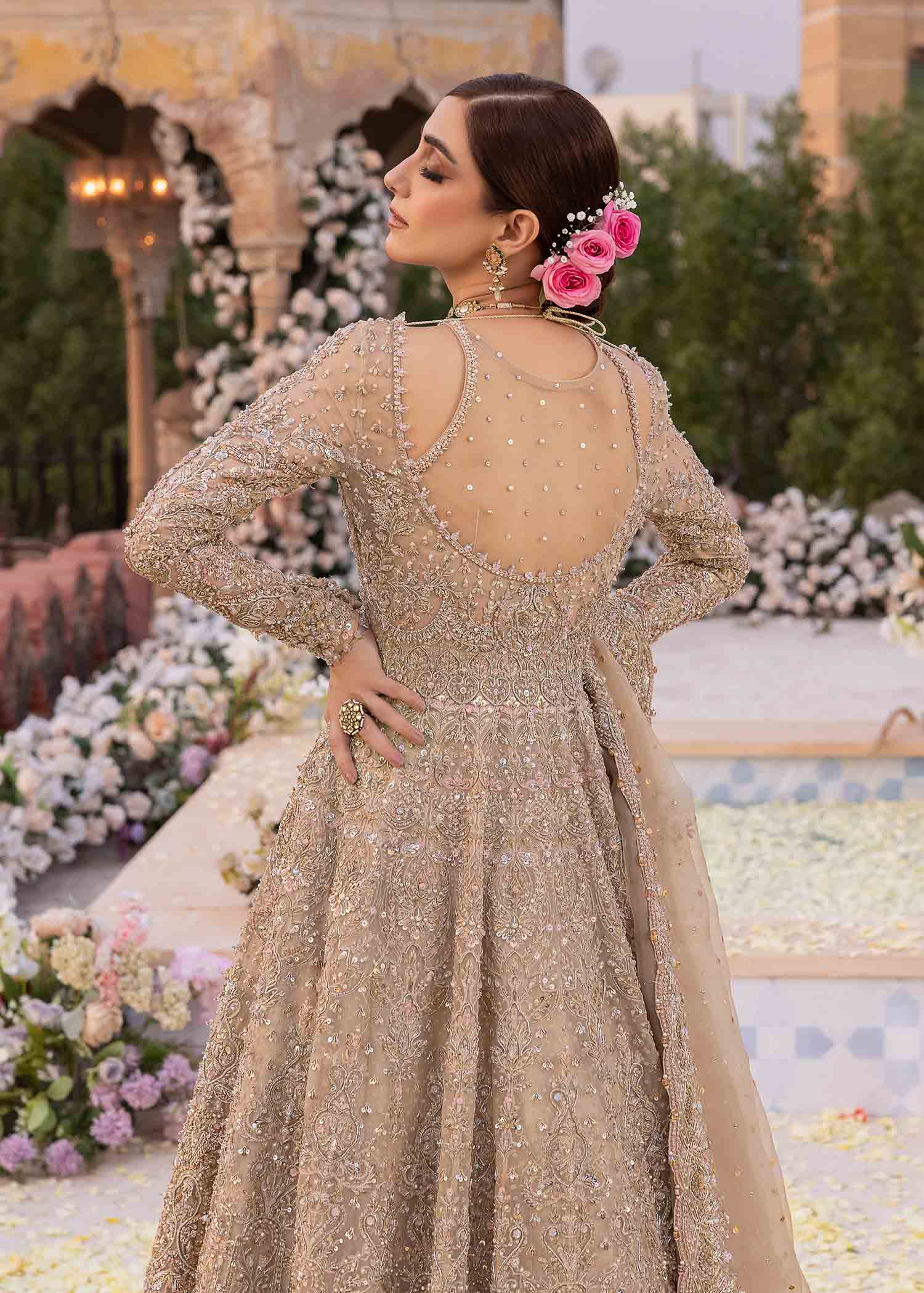 Pakistani Nude Gold Embroidered Kathaan Organza Pishwas (3-Piece) - Image 9