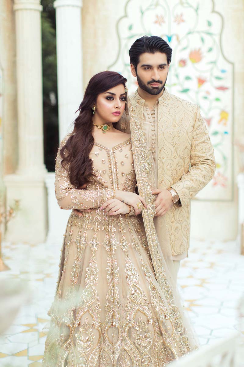 Champagne Embellished Net Pishwas Dress (3-Piece) - Image 5