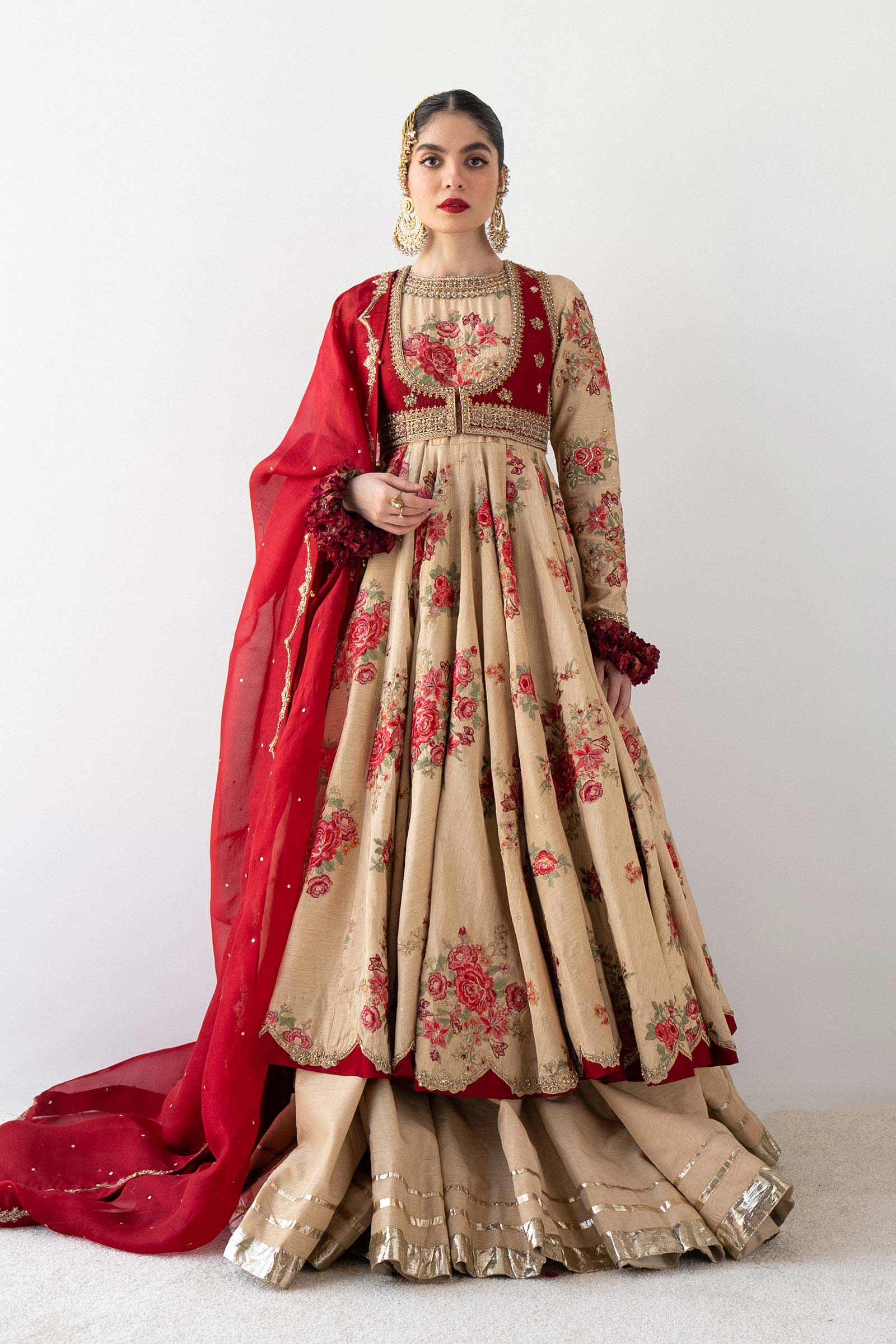 Pakistani Golden Embroidered Raw Silk Pishwas Dress (3-Piece) - Image 1