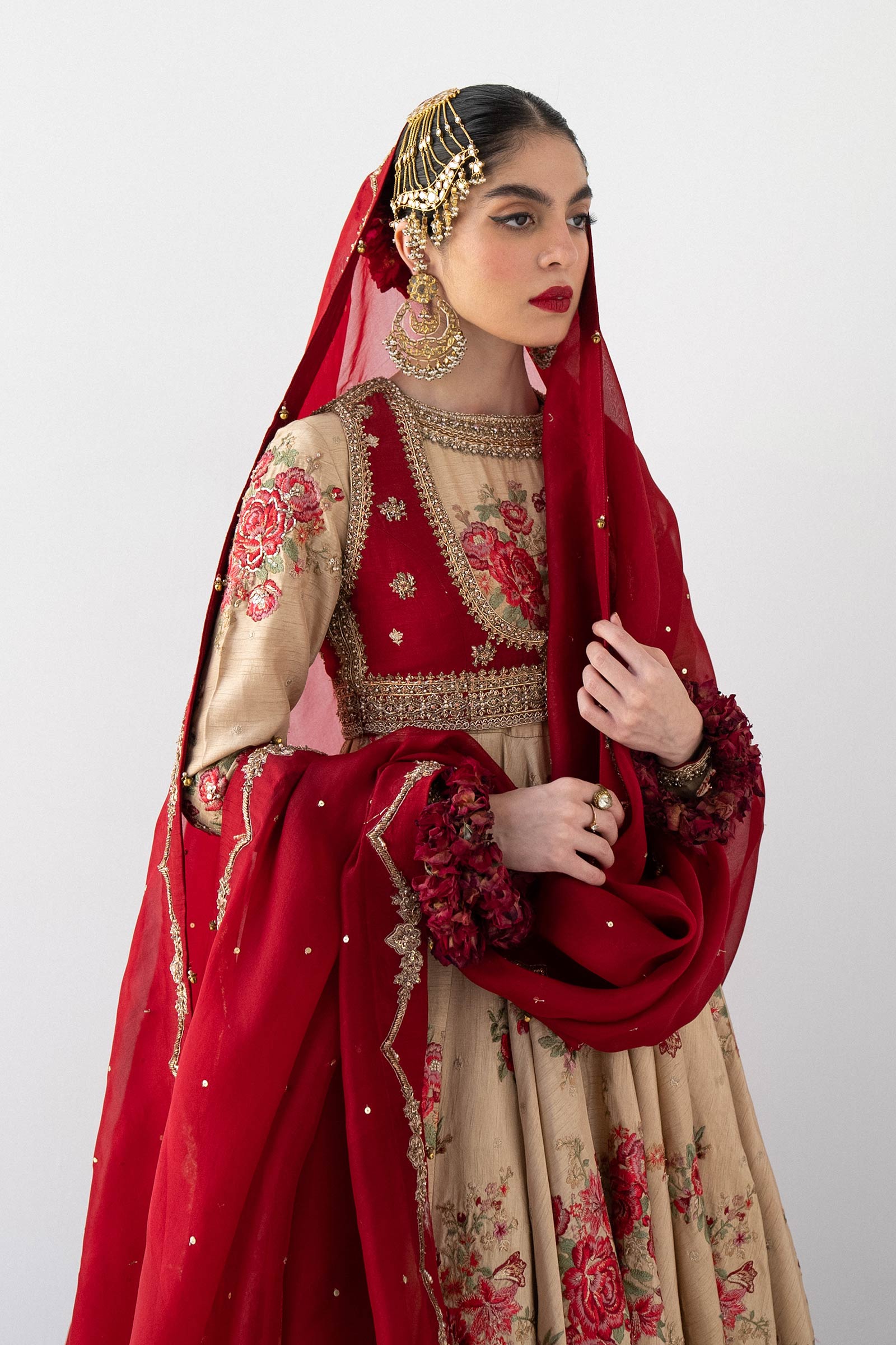 Pakistani Golden Embroidered Raw Silk Pishwas Dress (3-Piece) - Image 2