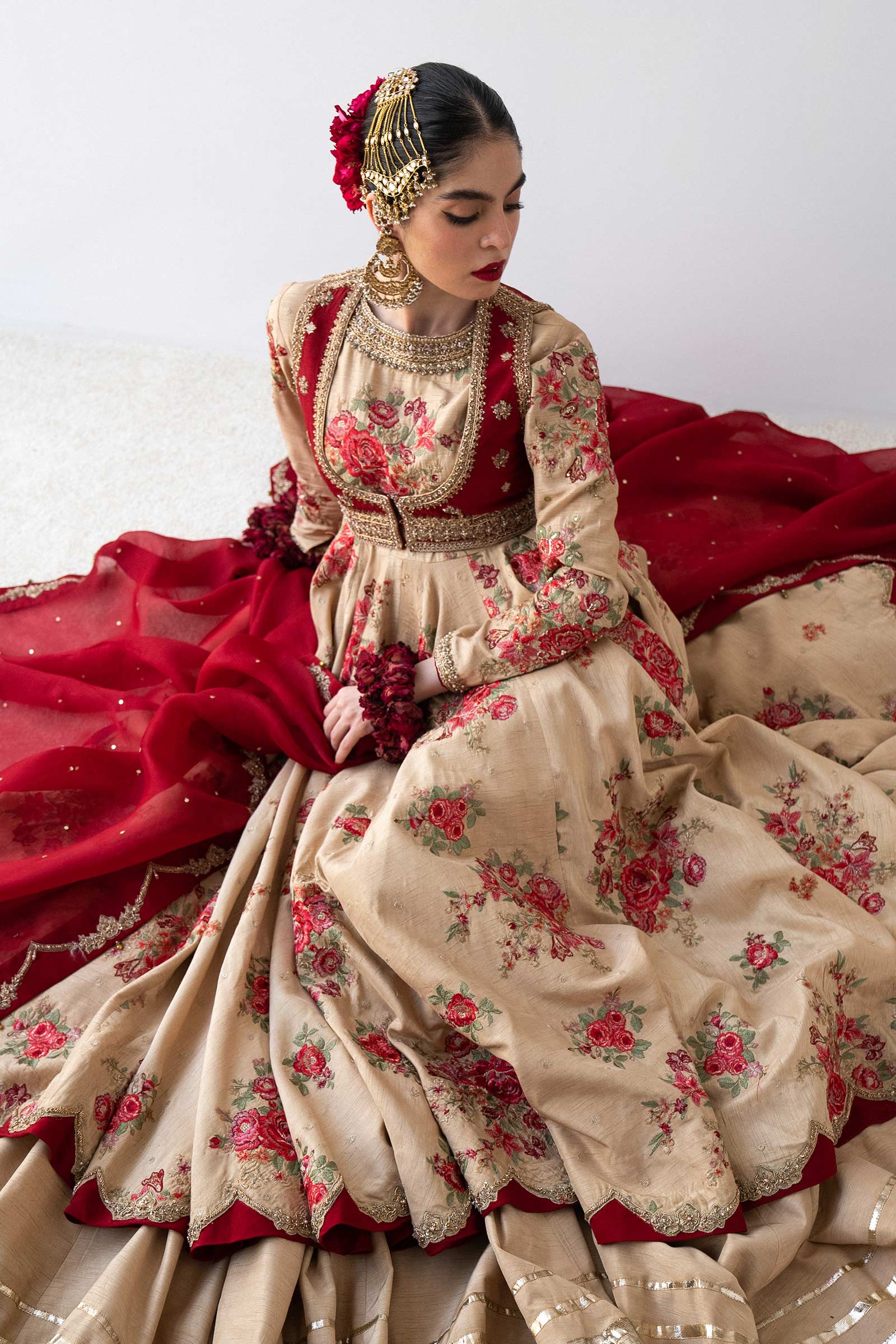 Pakistani Golden Embroidered Raw Silk Pishwas Dress (3-Piece) - Image 3