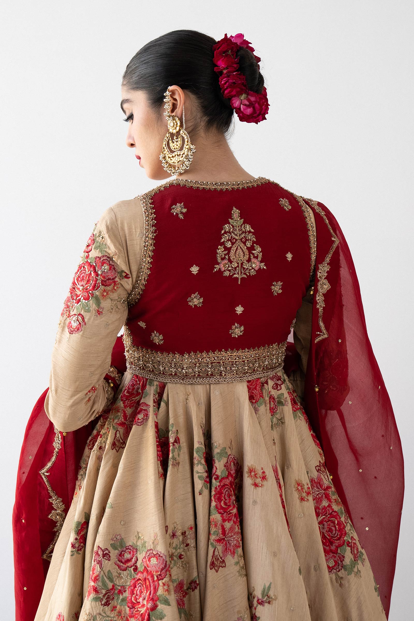 Pakistani Golden Embroidered Raw Silk Pishwas Dress (3-Piece) - Image 5