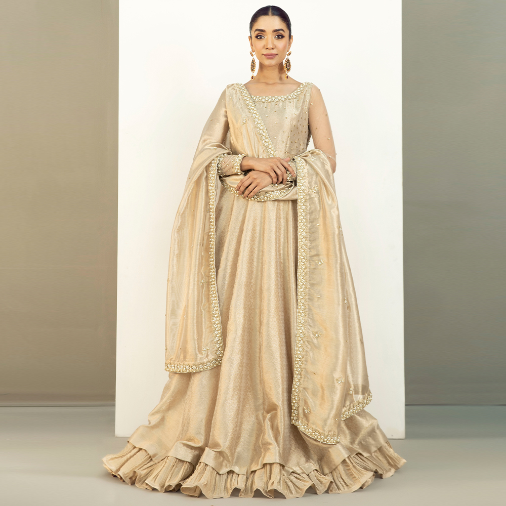 Gold Embellished Self Tissue Pishwas (2-Piece) - Image 1