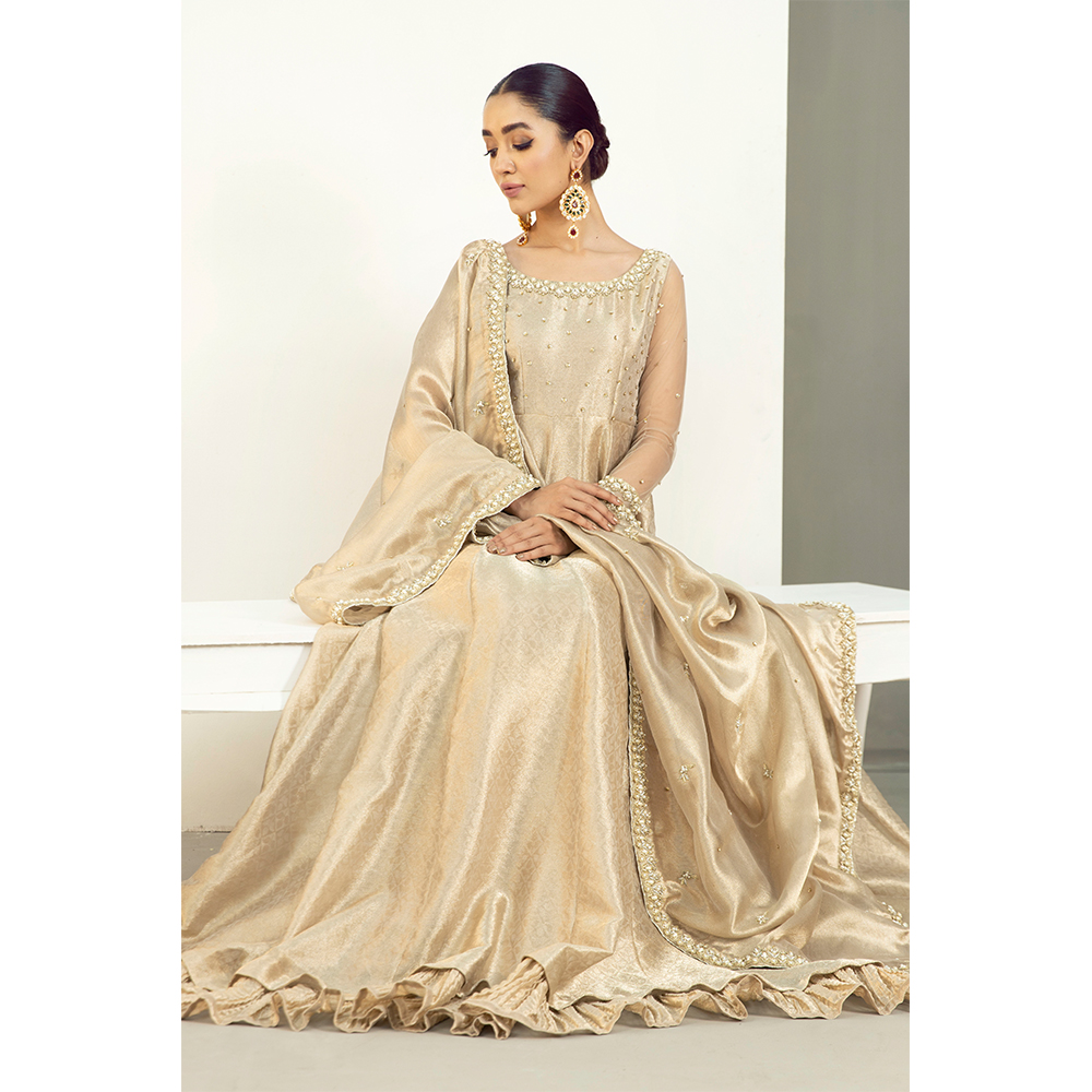 Gold Embellished Self Tissue Pishwas (2-Piece) - Image 2
