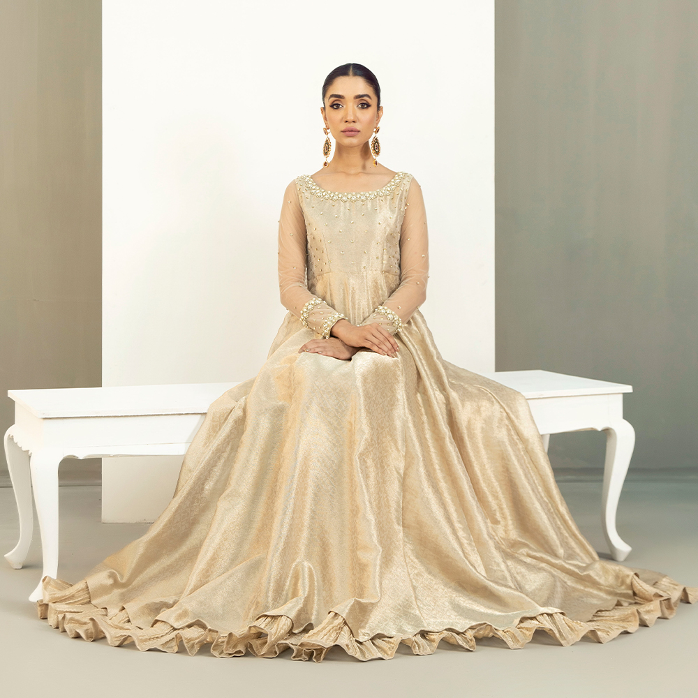 Gold Embellished Self Tissue Pishwas (2-Piece) - Image 3