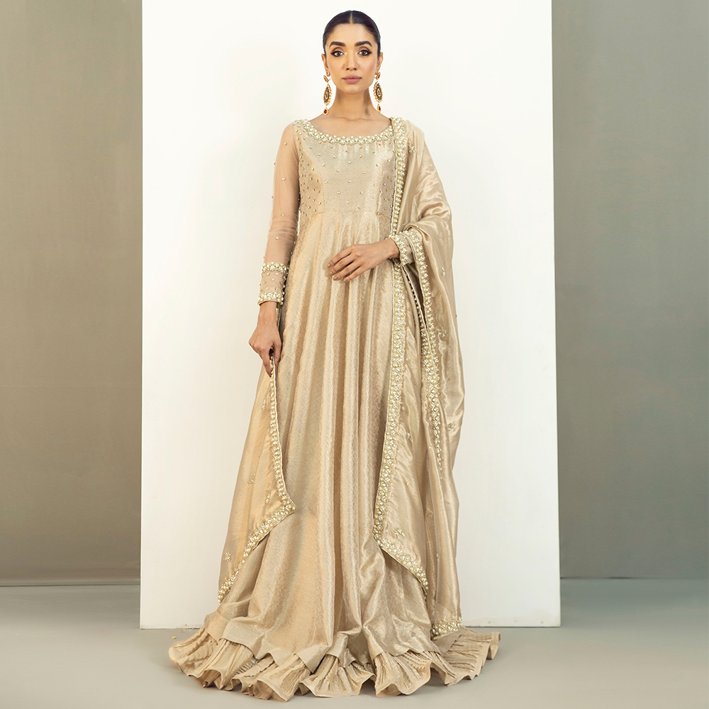 Gold Embellished Self Tissue Pishwas (2-Piece) - Image 4