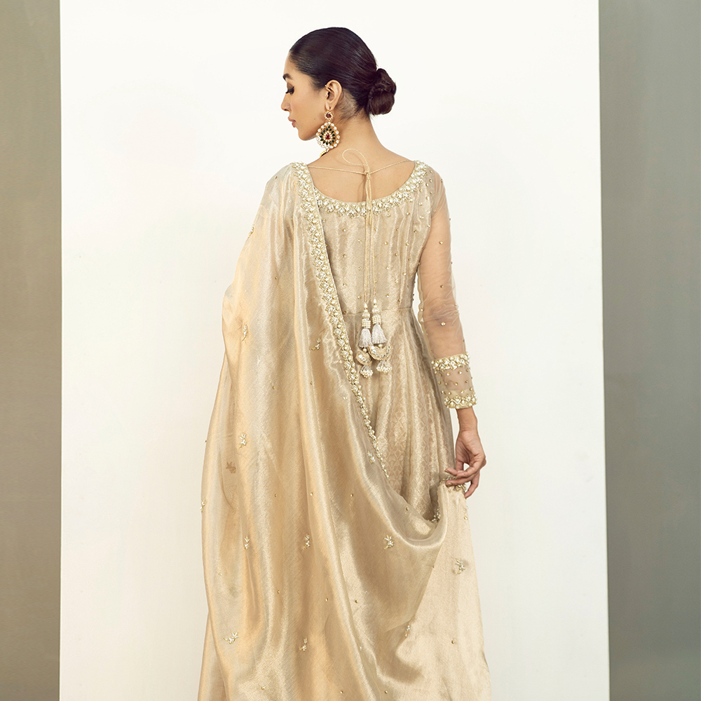 Gold Embellished Self Tissue Pishwas (2-Piece) - Image 5