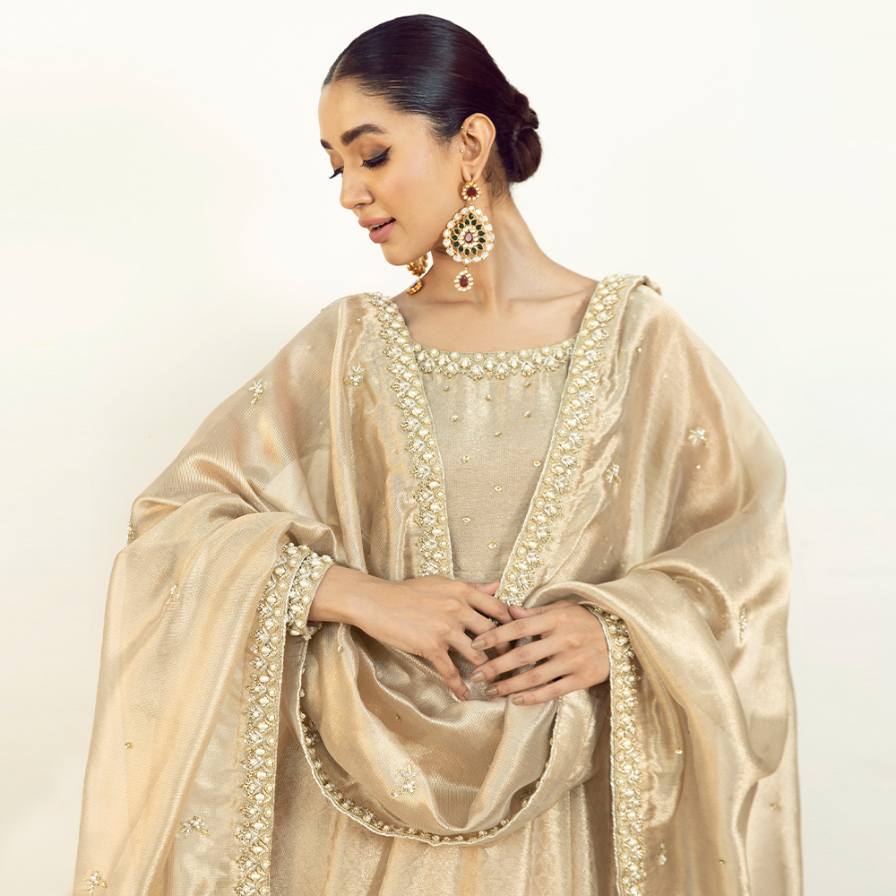 Gold Embellished Self Tissue Pishwas (2-Piece) - Image 6