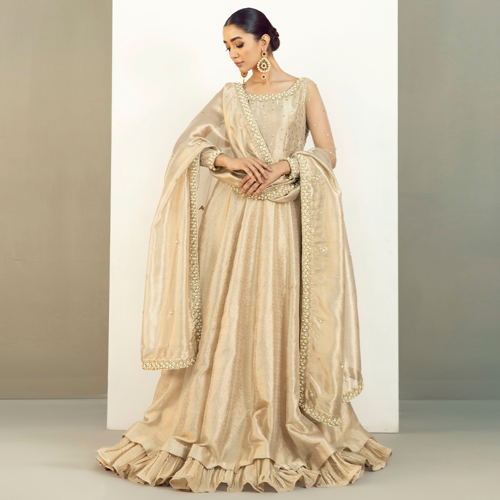 Gold Embellished Self Tissue Pishwas (2-Piece) - Image 7