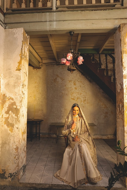 Muted Gold Embellished Silk Pishwas Dress (2-Piece) - Image 4