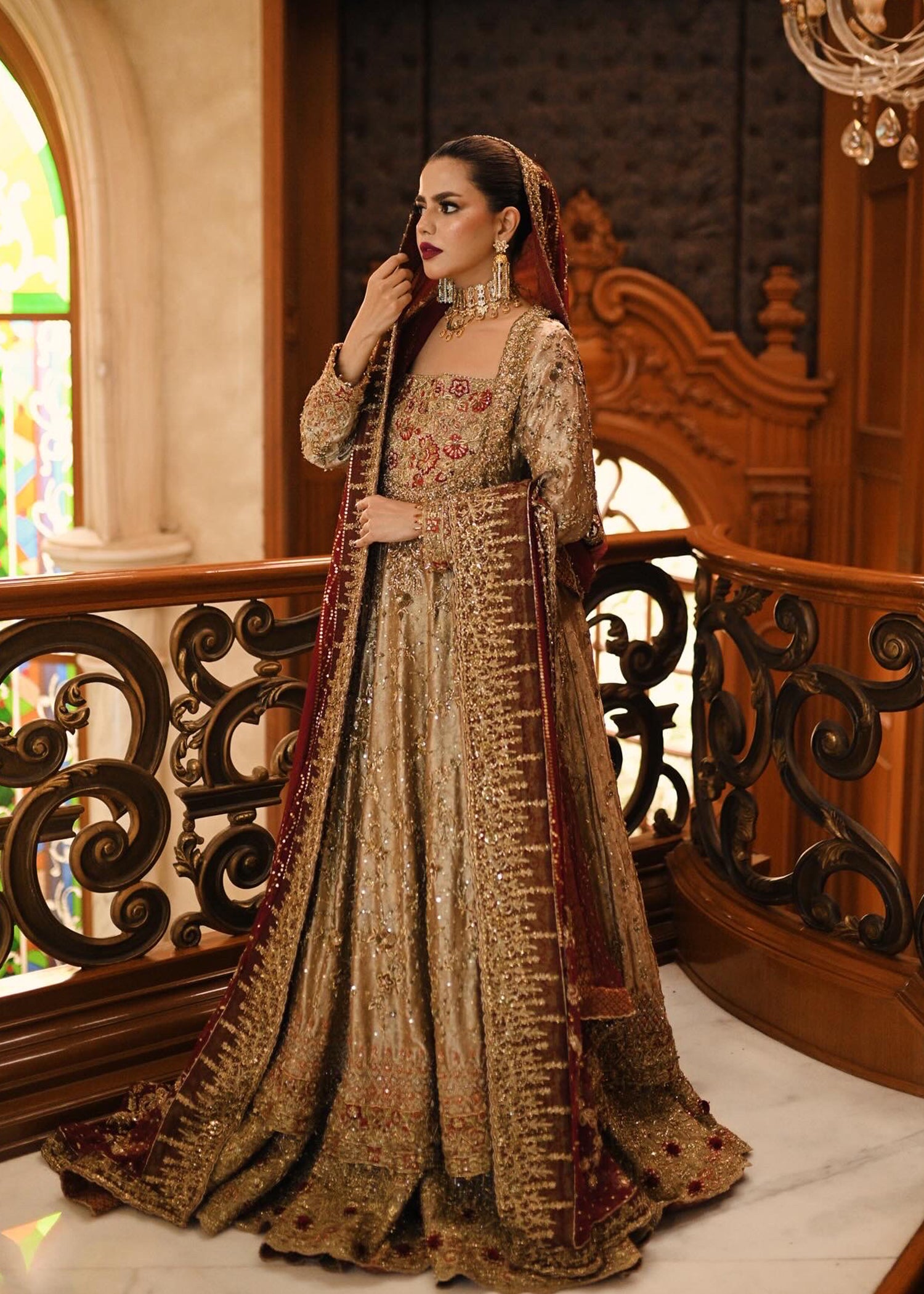 Antique Gold Maroon Embellished Silk-Blend Pishwas (2-Piece) - Image 1