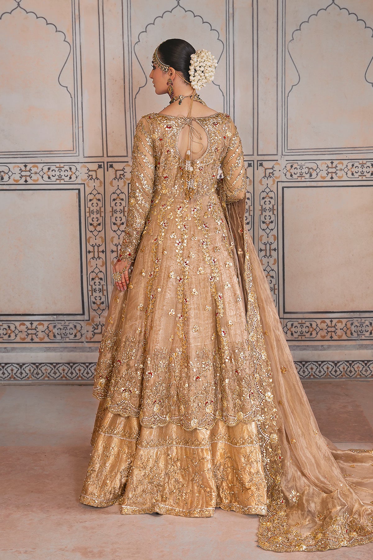 Gold Gota Zardozi Silk Tissue Pishwas (3-Piece) - Image 2