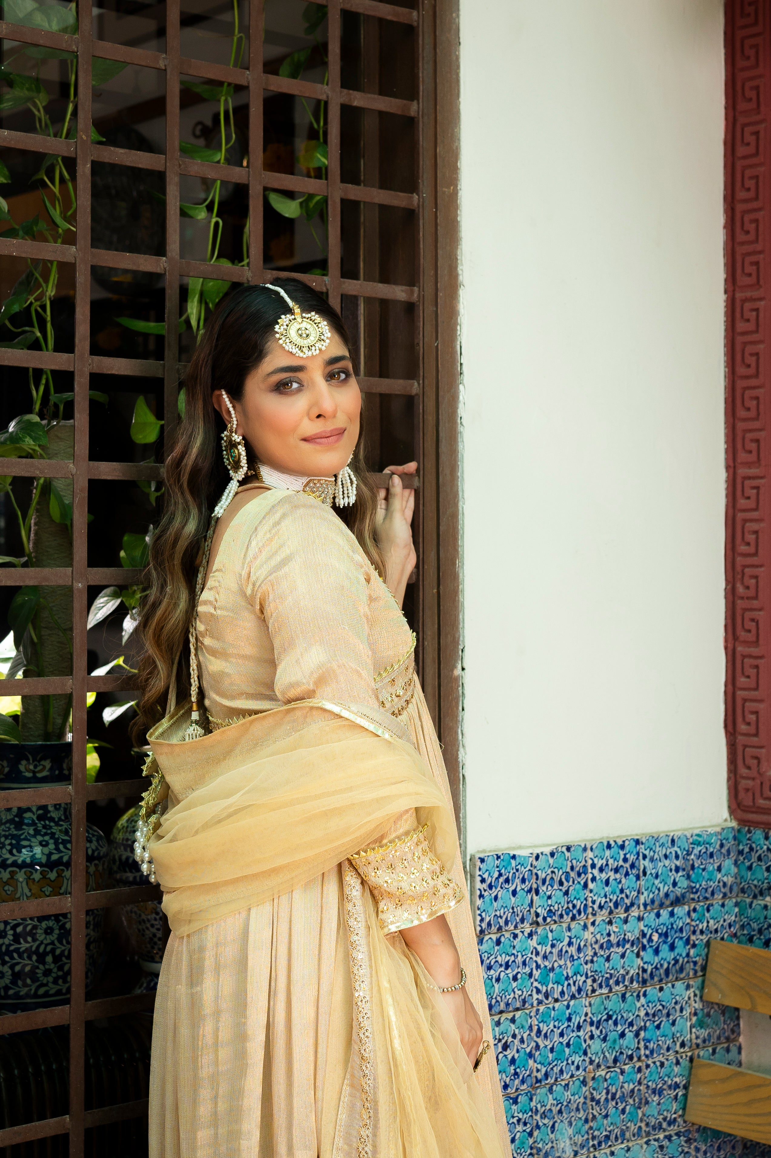 Golden Zari Sequin Silk Pishwas (3-Piece) - Image 1