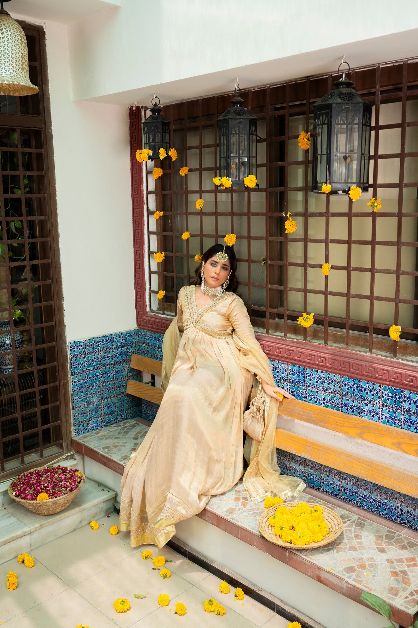 Golden Zari Sequin Silk Pishwas (3-Piece) - Image 3