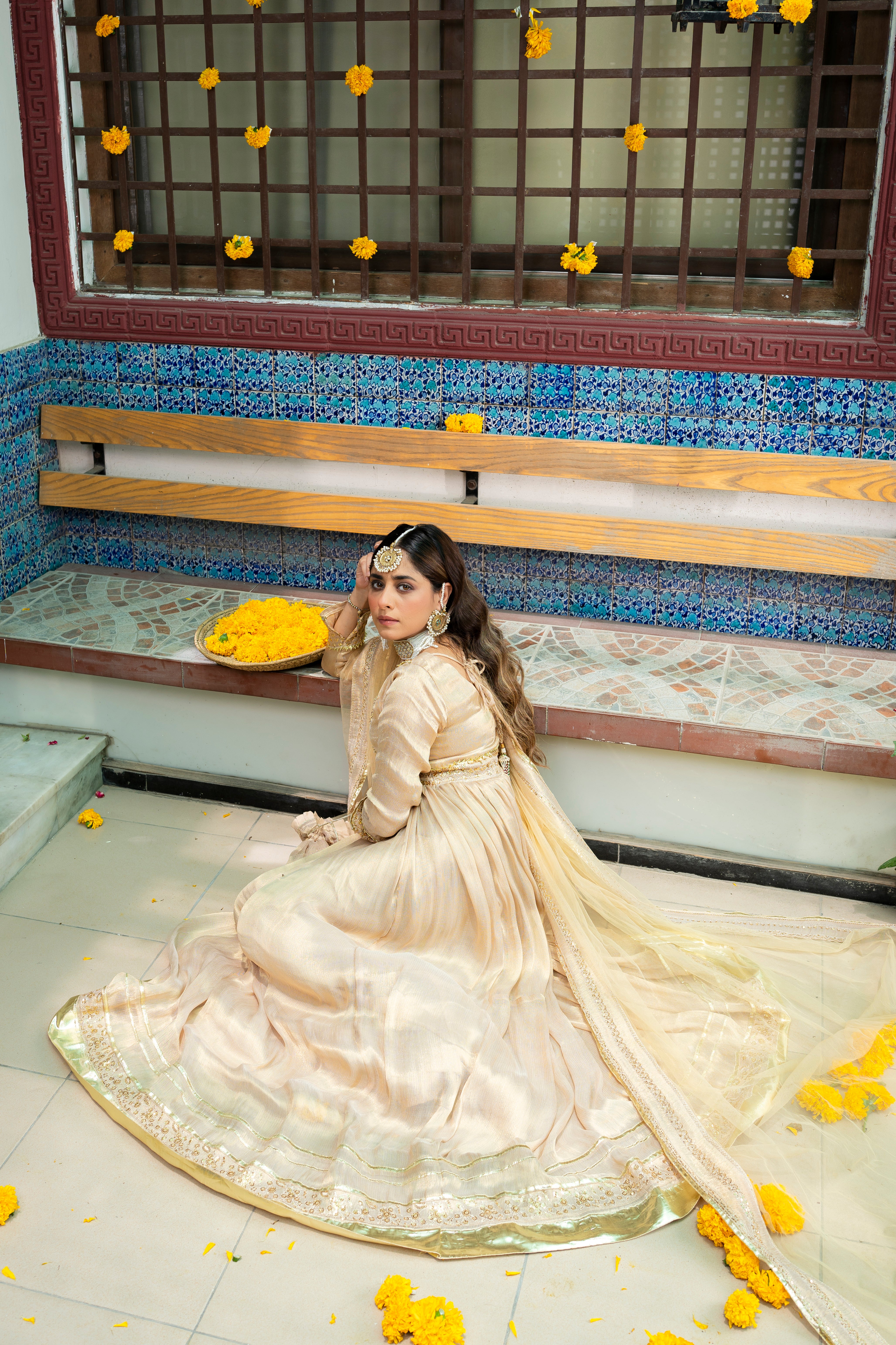 Golden Zari Sequin Silk Pishwas (3-Piece) - Image 4