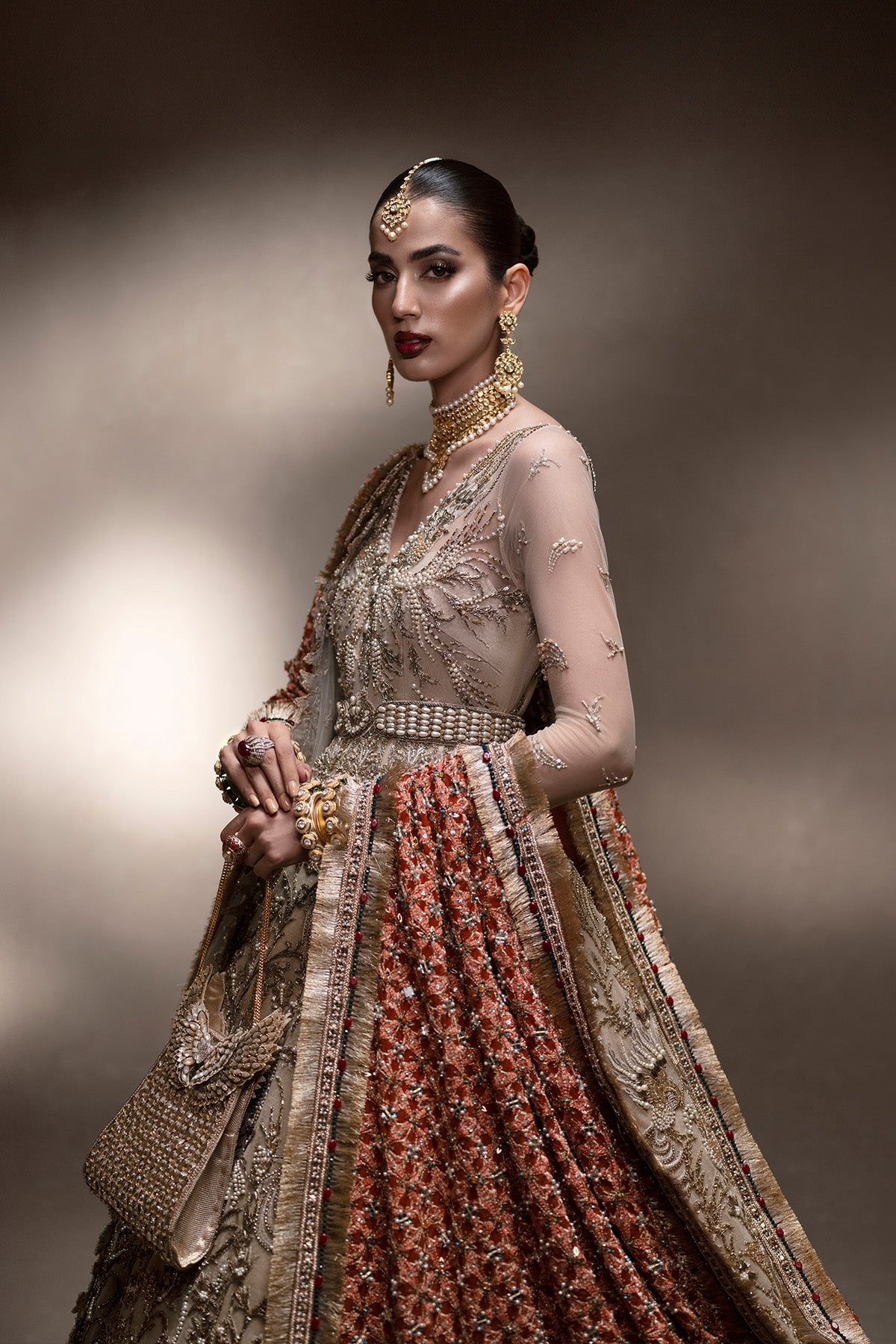 Pakistani Dull Gold Hand-Embellished Tissue Pishwas (3-Piece) - Image 2