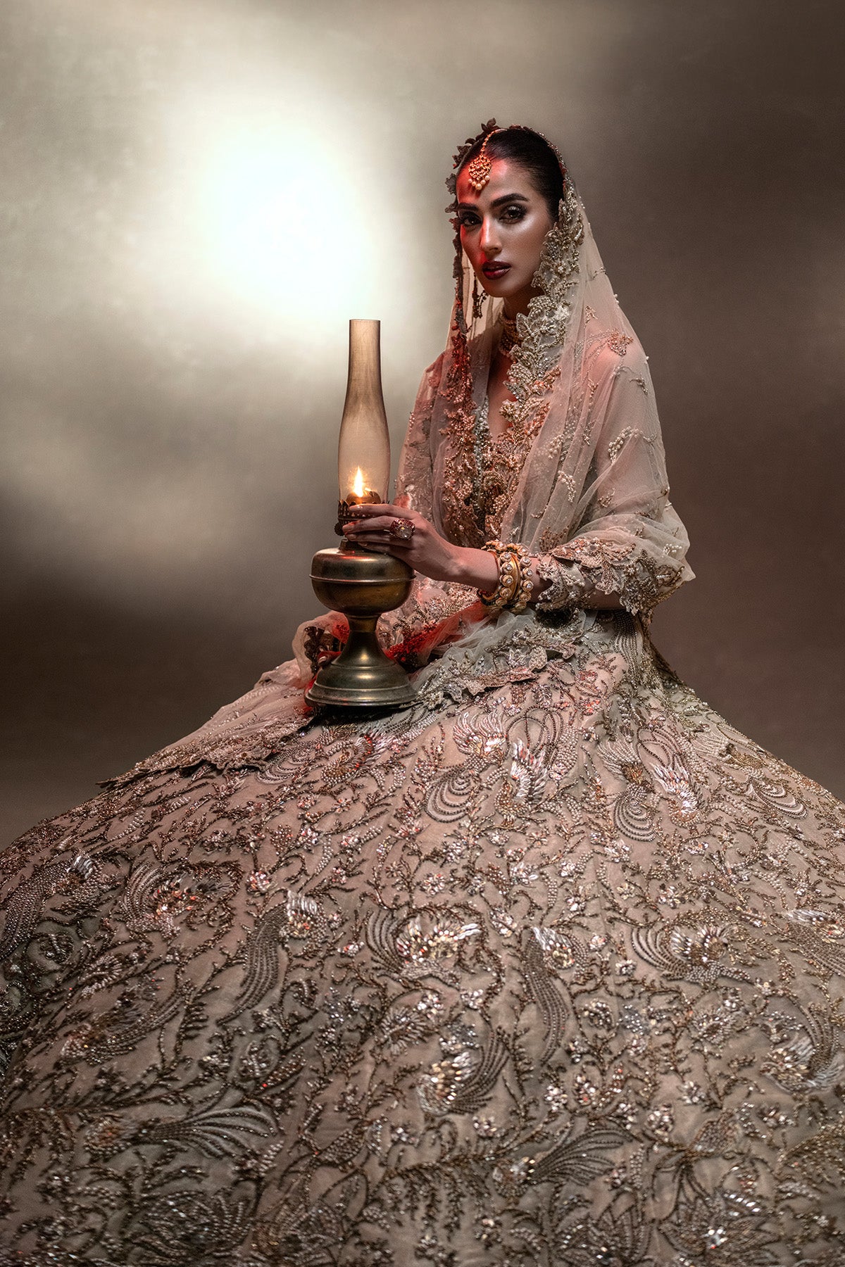 Pakistani Dull Gold Hand-Embellished Tissue Pishwas (3-Piece) - Image 5