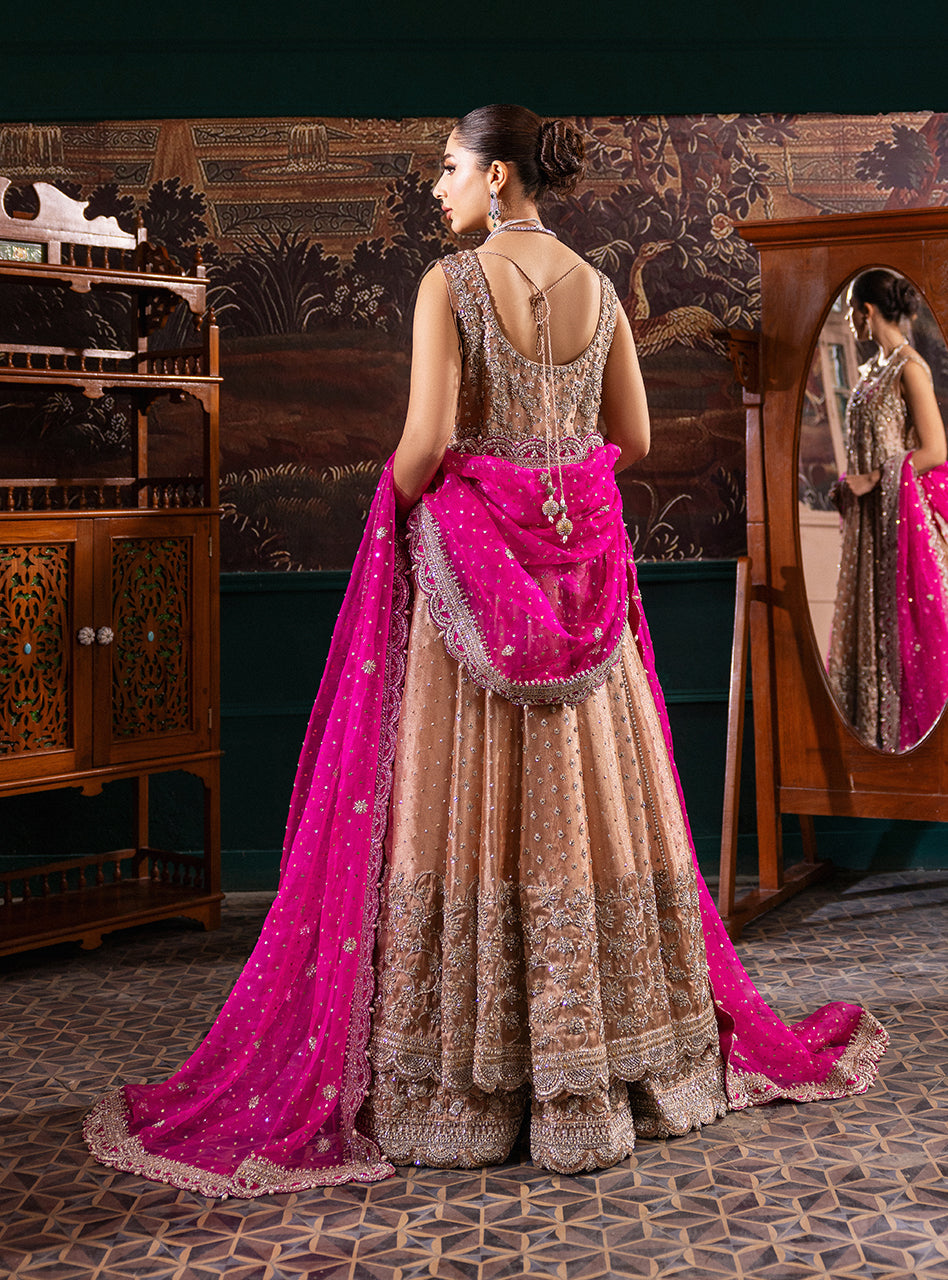 Pakistani Rose Gold Zardozi Tissue Lama Pishwas (2-Piece) - Image 2