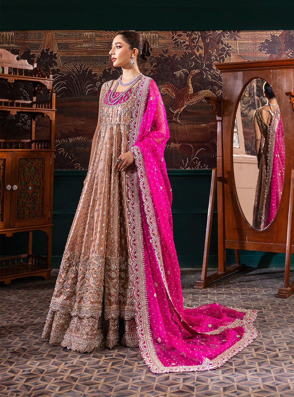 Pakistani Rose Gold Zardozi Tissue Lama Pishwas (2-Piece) - Image 4