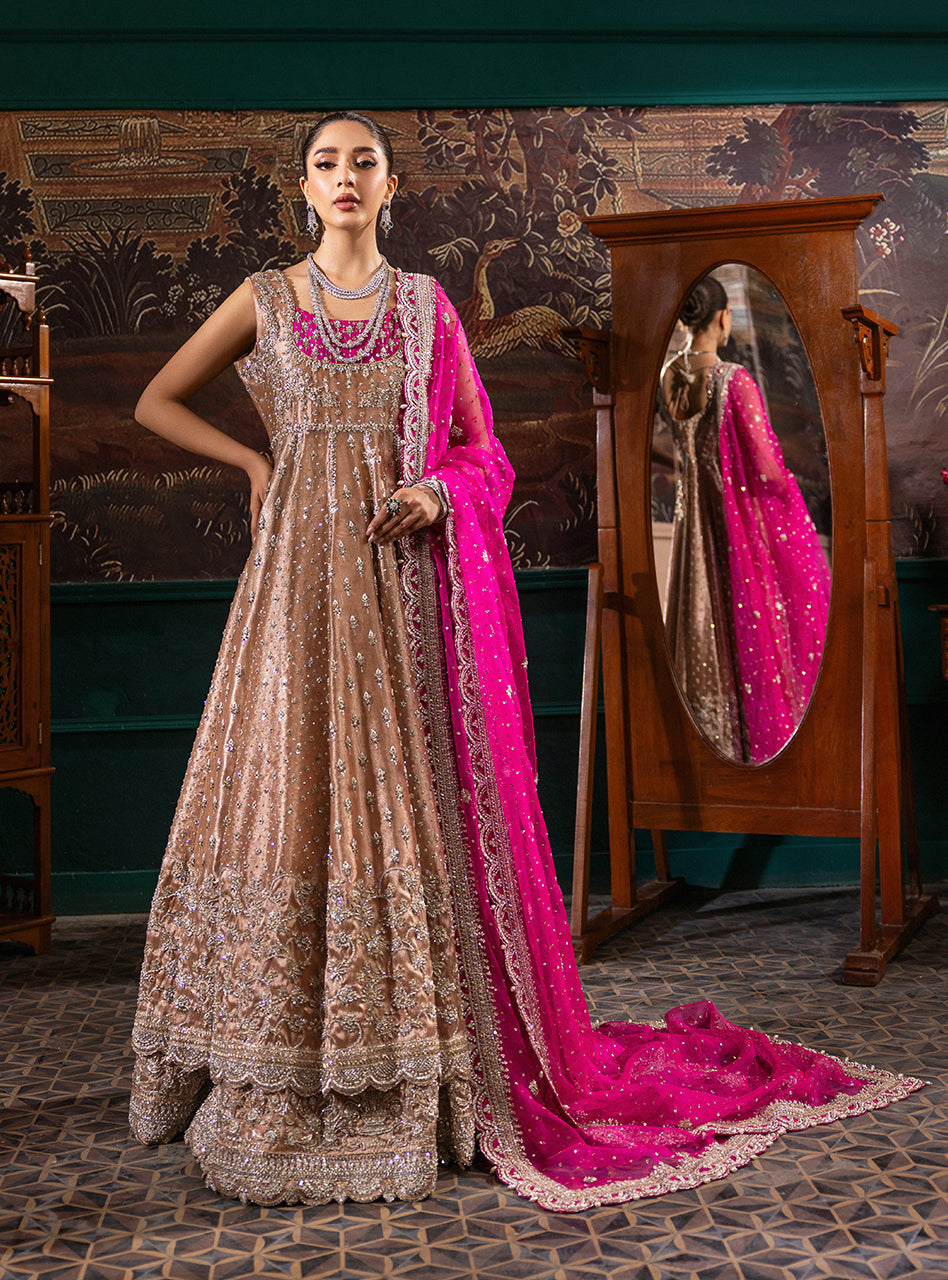 Pakistani Rose Gold Zardozi Tissue Lama Pishwas (2-Piece) - Image 1