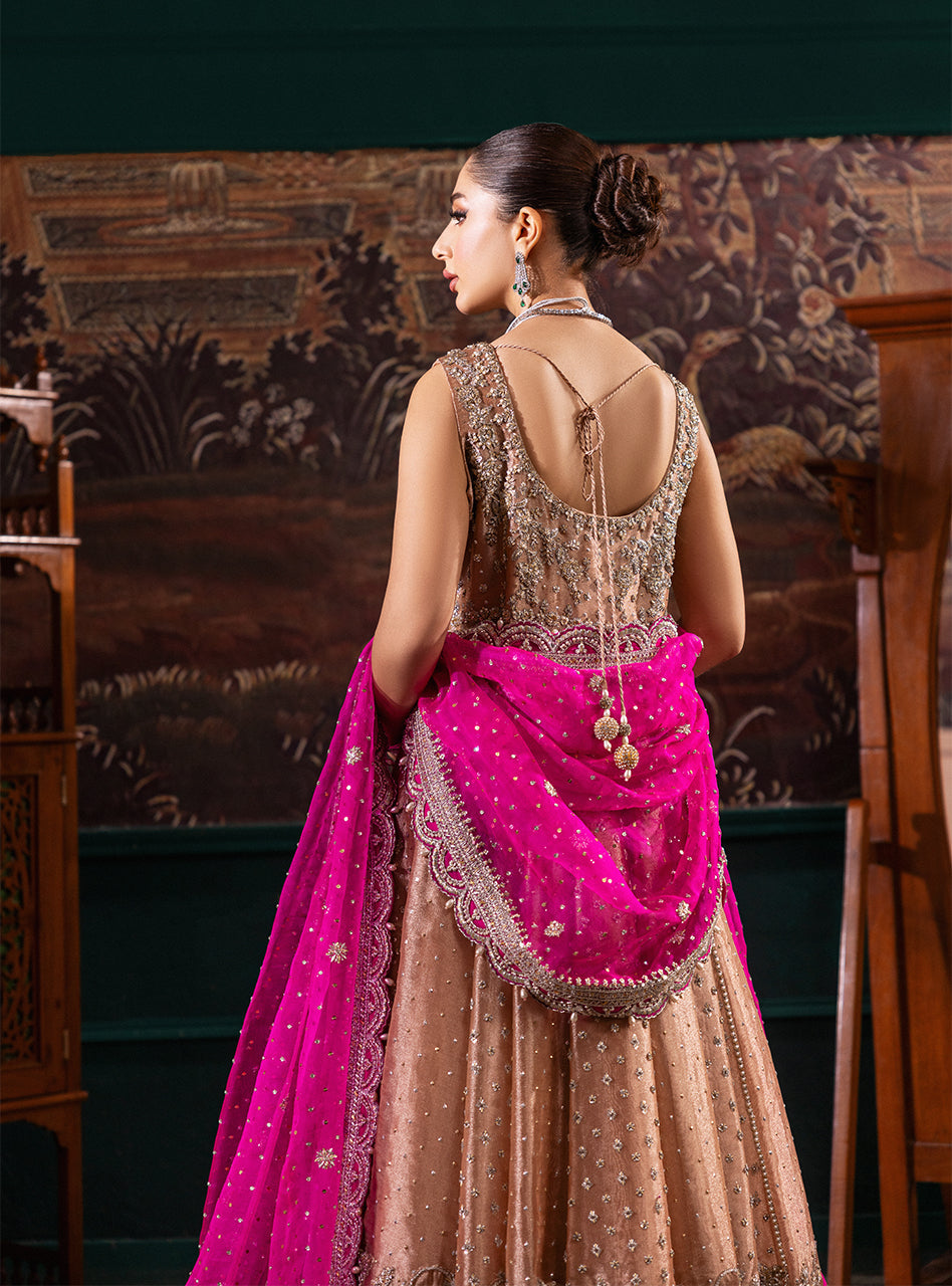 Pakistani Rose Gold Zardozi Tissue Lama Pishwas (2-Piece) - Image 6