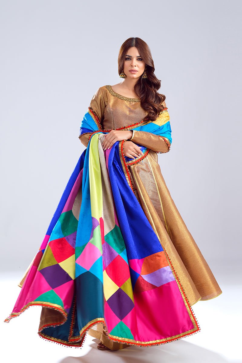 Pakistani Antique Gold Zardozi Tissue Pishwas (3-Piece) - Image 2