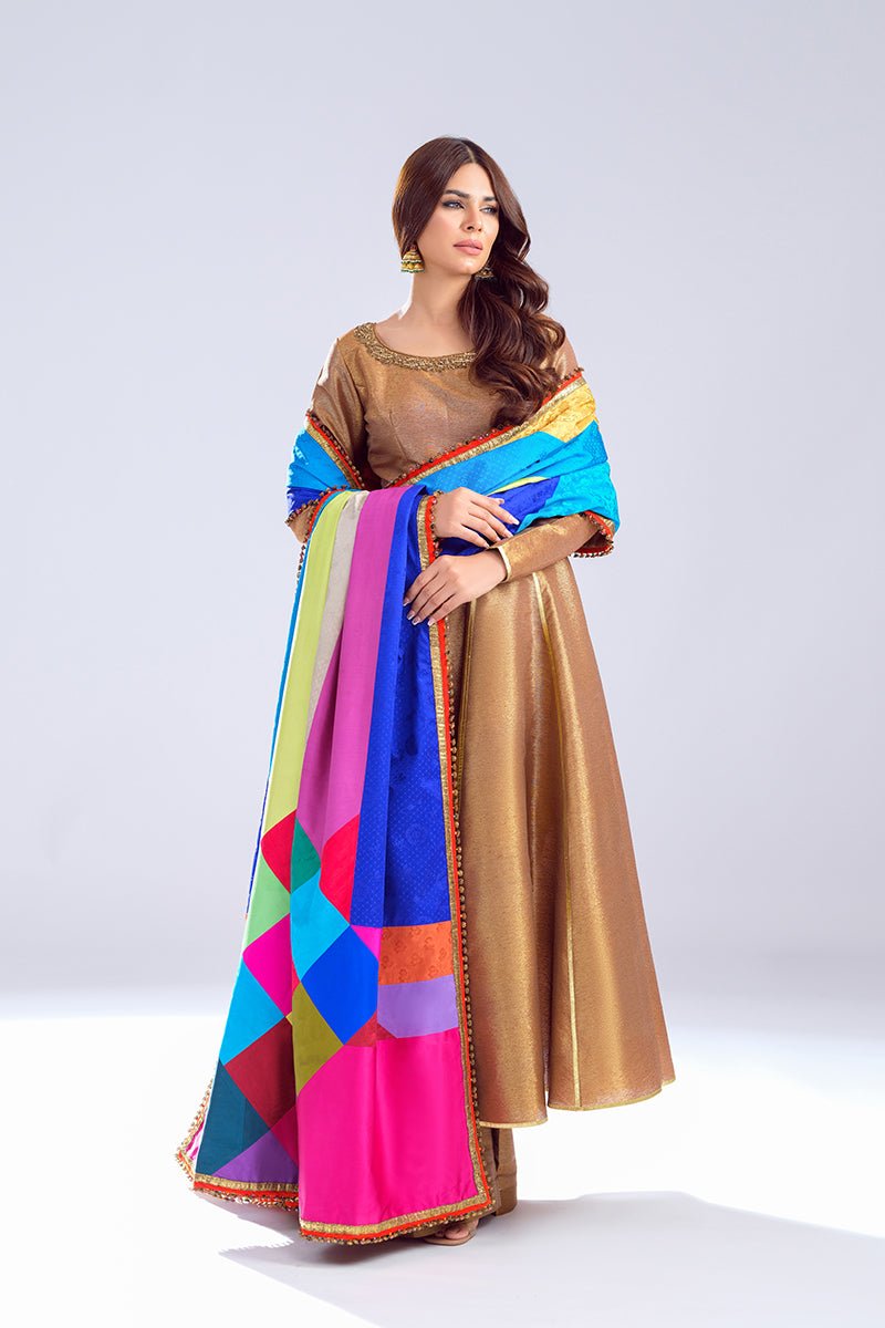 Pakistani Antique Gold Zardozi Tissue Pishwas (3-Piece) - Image 4