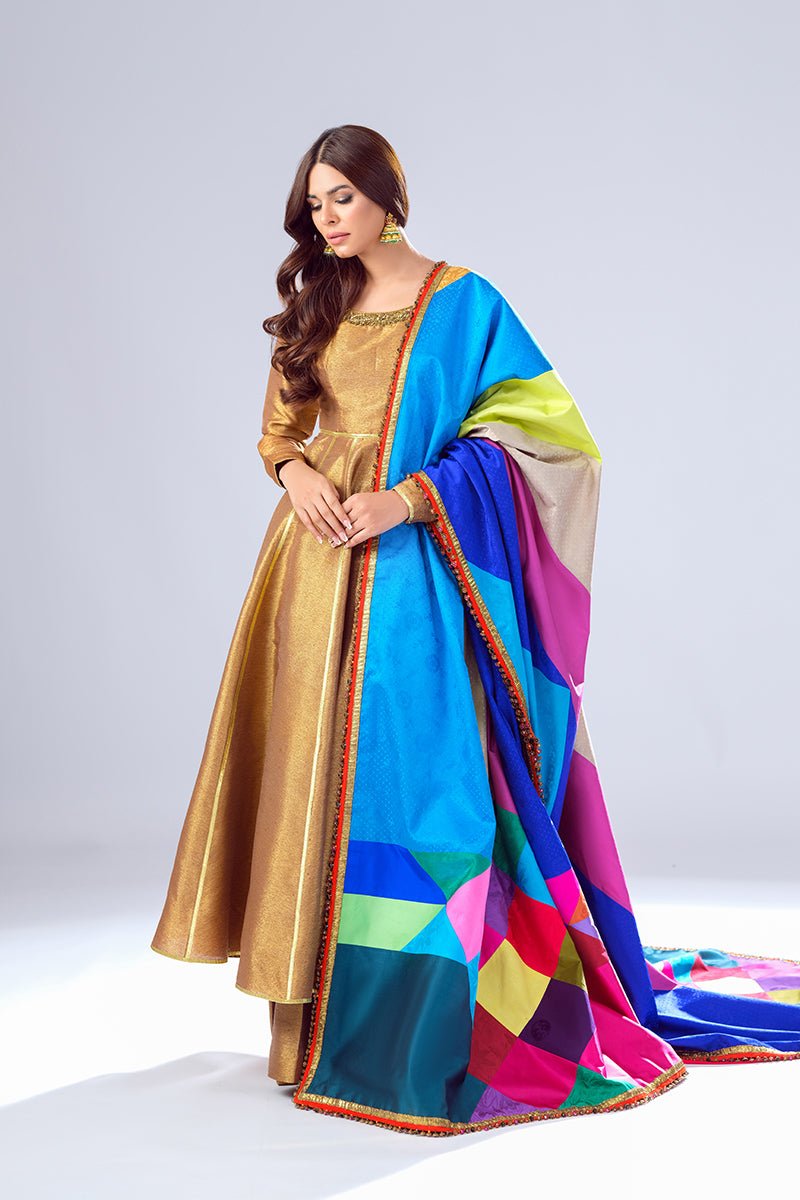 Pakistani Antique Gold Zardozi Tissue Pishwas (3-Piece) - Image 6