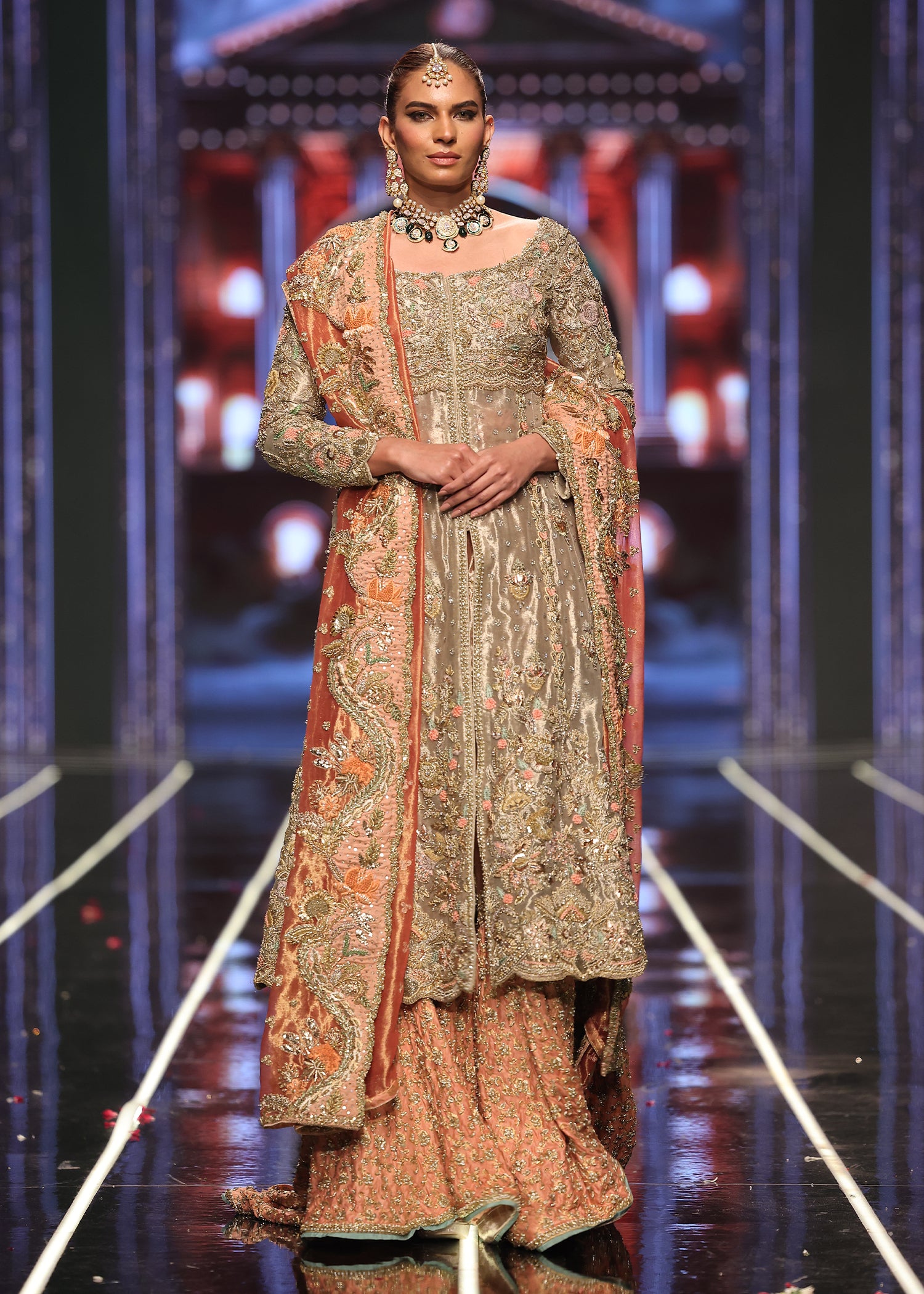 Pakistani Golden Embroidered Tissue Pishwas Dress (3-Piece) - Image 1
