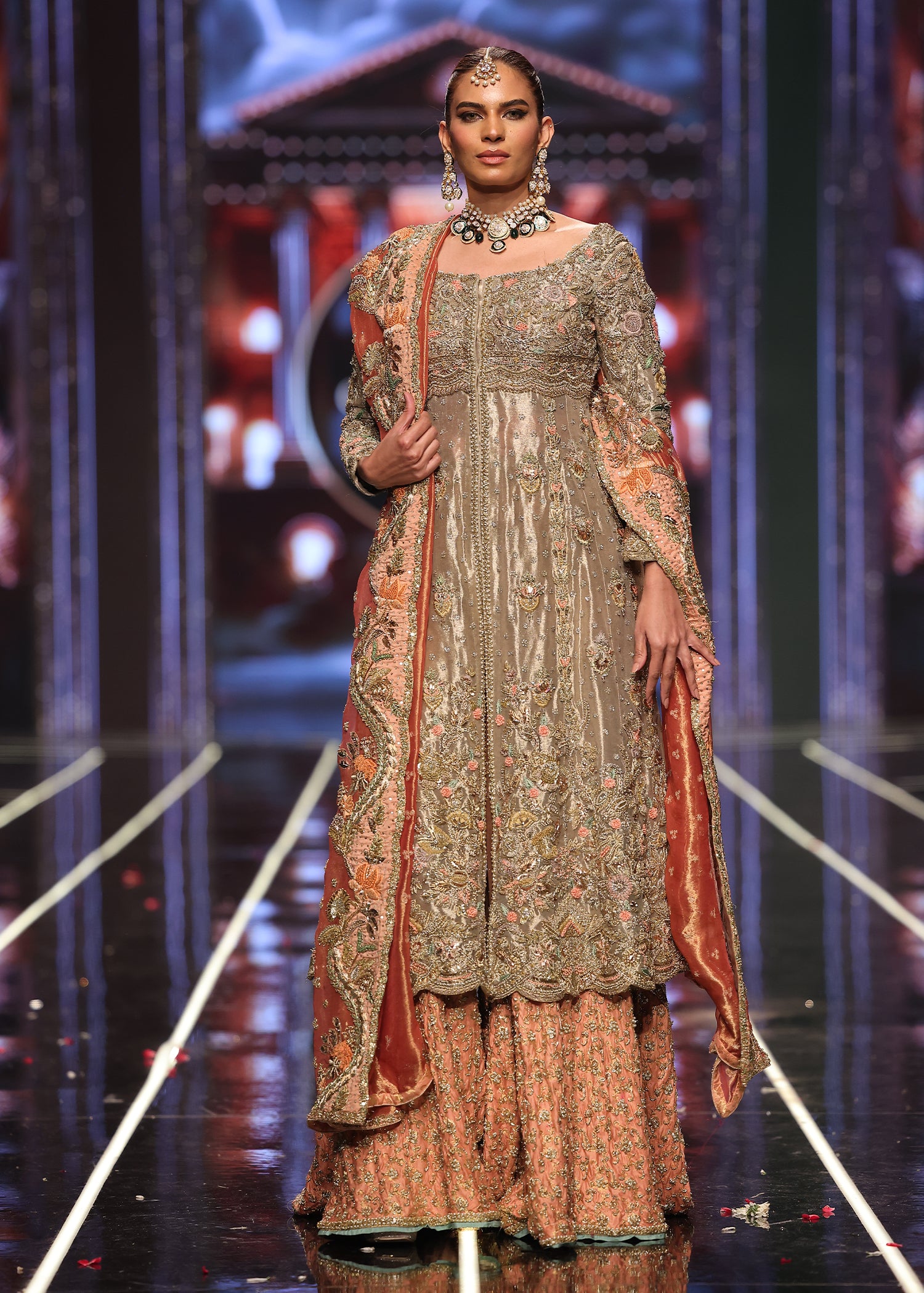 Pakistani Golden Embroidered Tissue Pishwas Dress (3-Piece) - Image 2