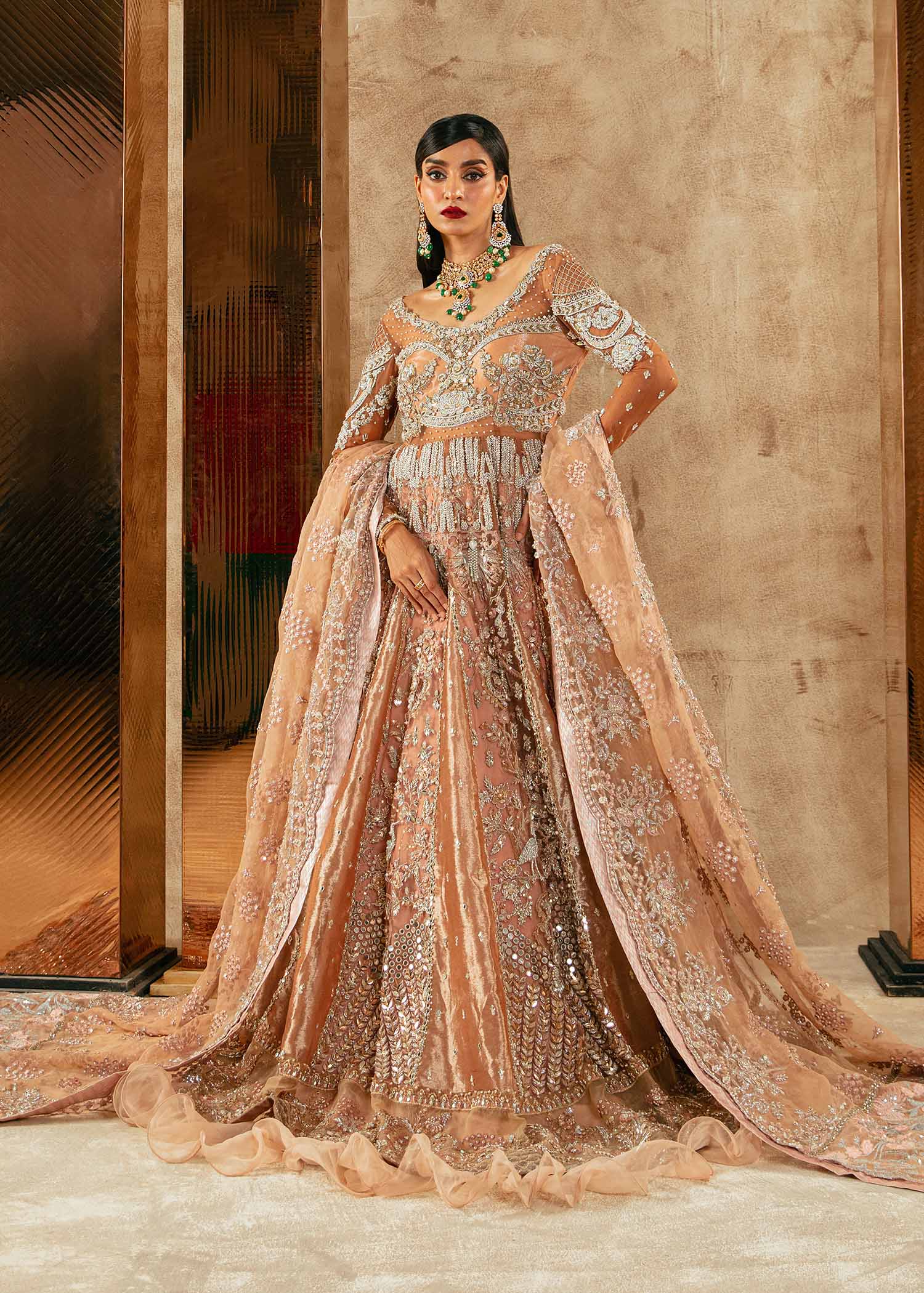 Pakistani Rose Gold Embellished Tissue & Net Bridal Pishwas (3-Piece) - Image 1