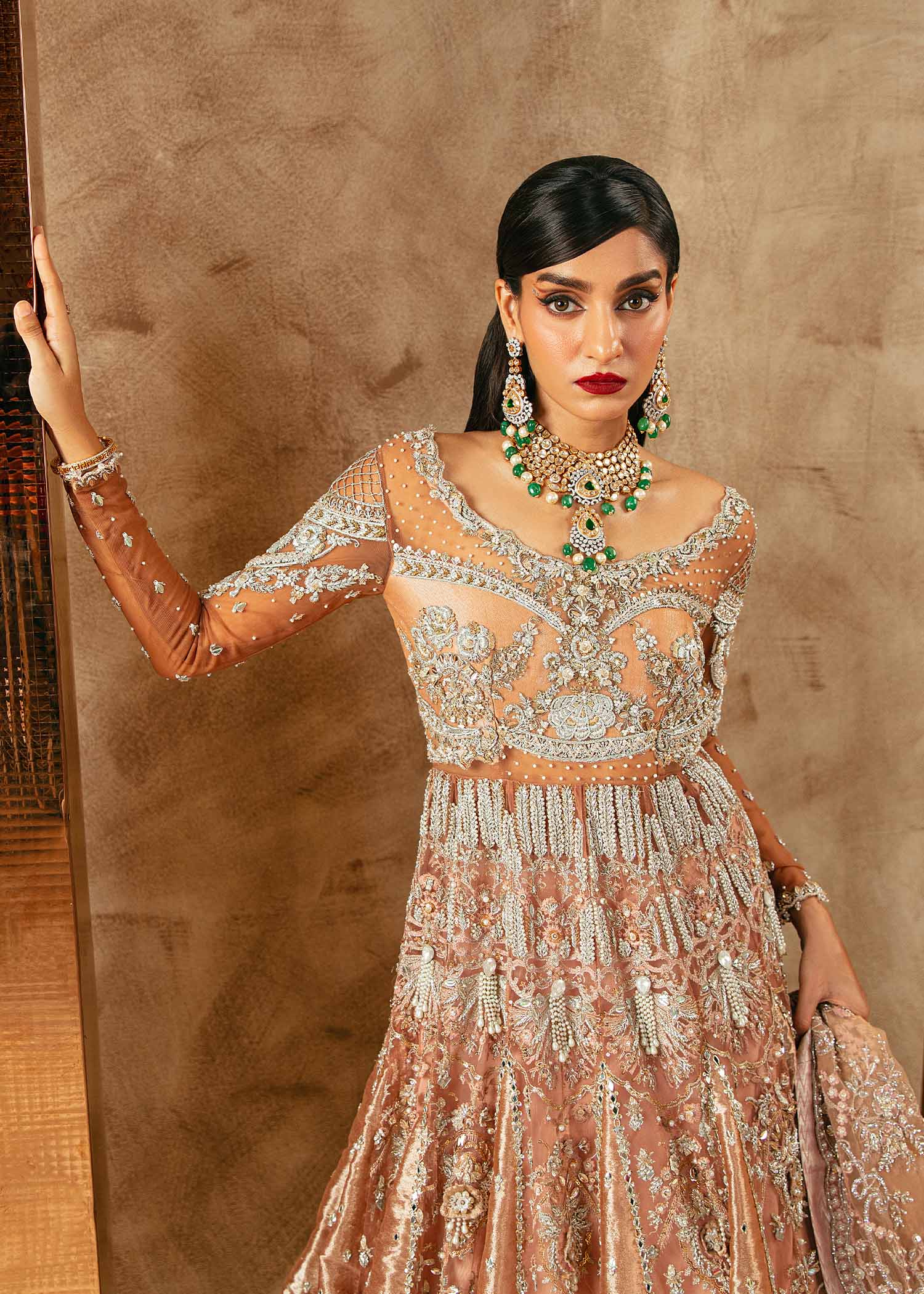 Pakistani Rose Gold Embellished Tissue & Net Bridal Pishwas (3-Piece) - Image 2