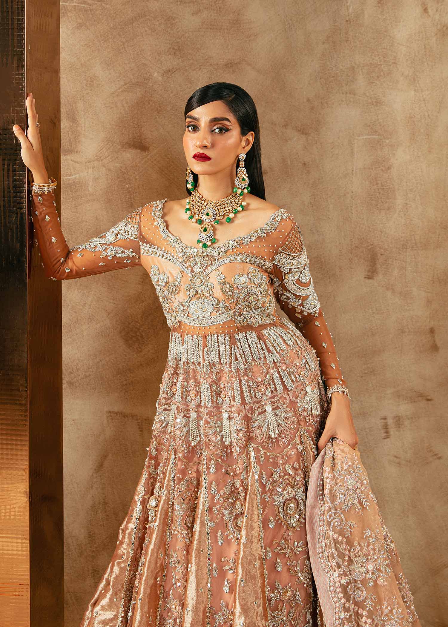 Pakistani Rose Gold Embellished Tissue & Net Bridal Pishwas (3-Piece) - Image 3