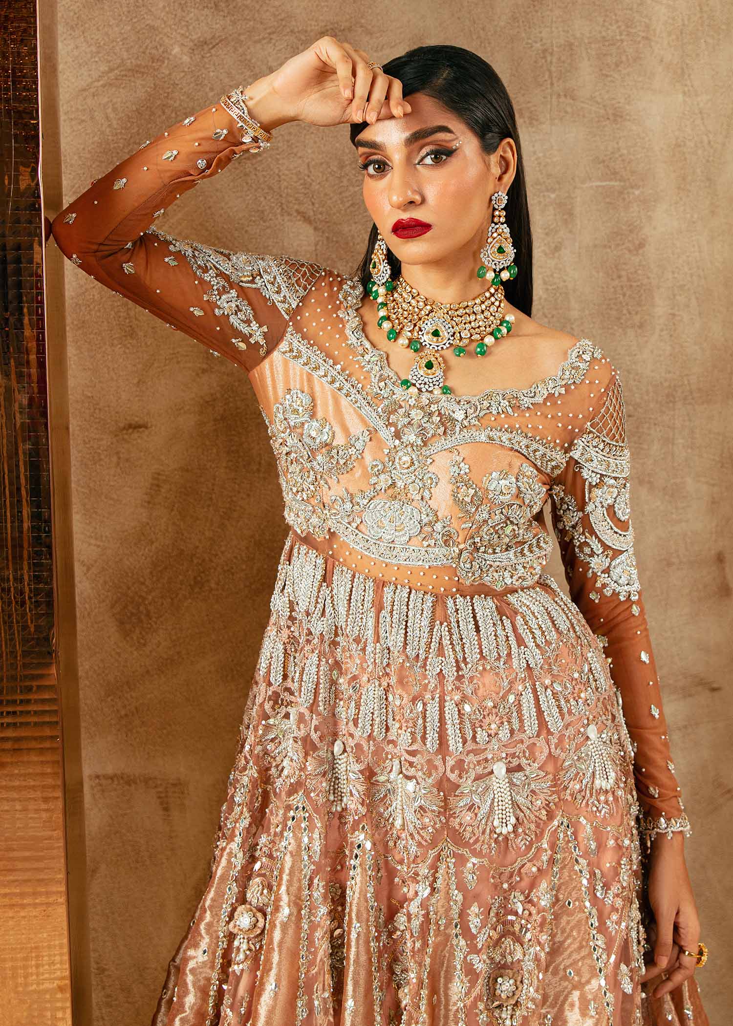 Pakistani Rose Gold Embellished Tissue & Net Bridal Pishwas (3-Piece) - Image 4