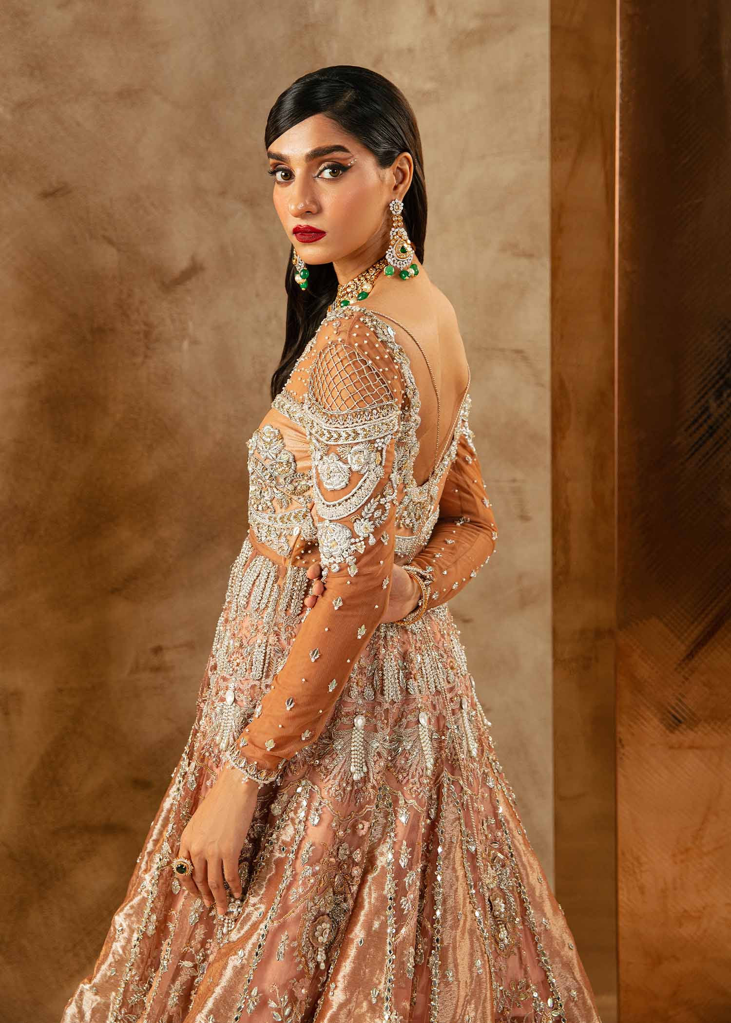 Pakistani Rose Gold Embellished Tissue & Net Bridal Pishwas (3-Piece) - Image 5