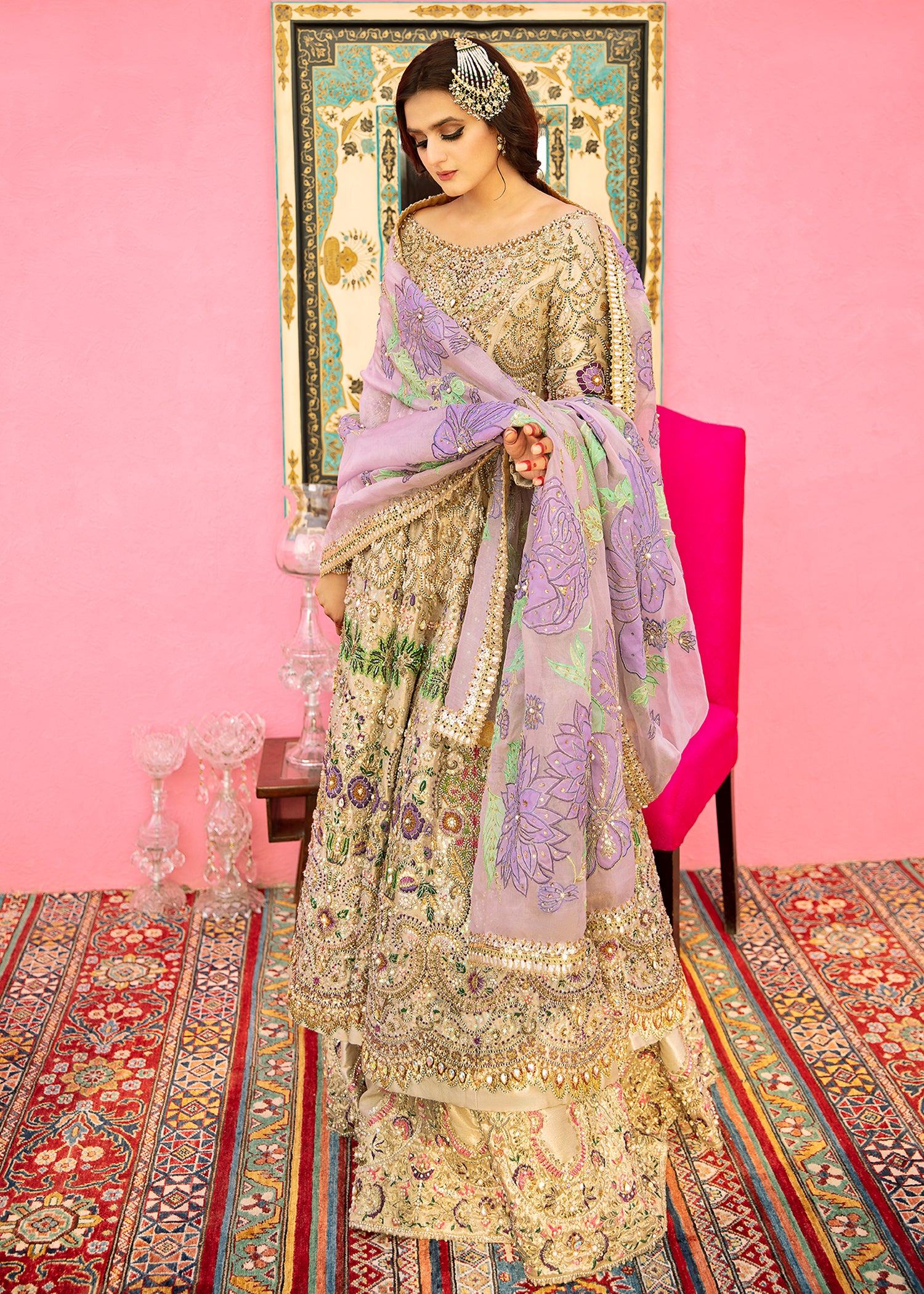 Silver-Gold Embellished Tissue Pishwas Dress (3-Piece) - Image 4