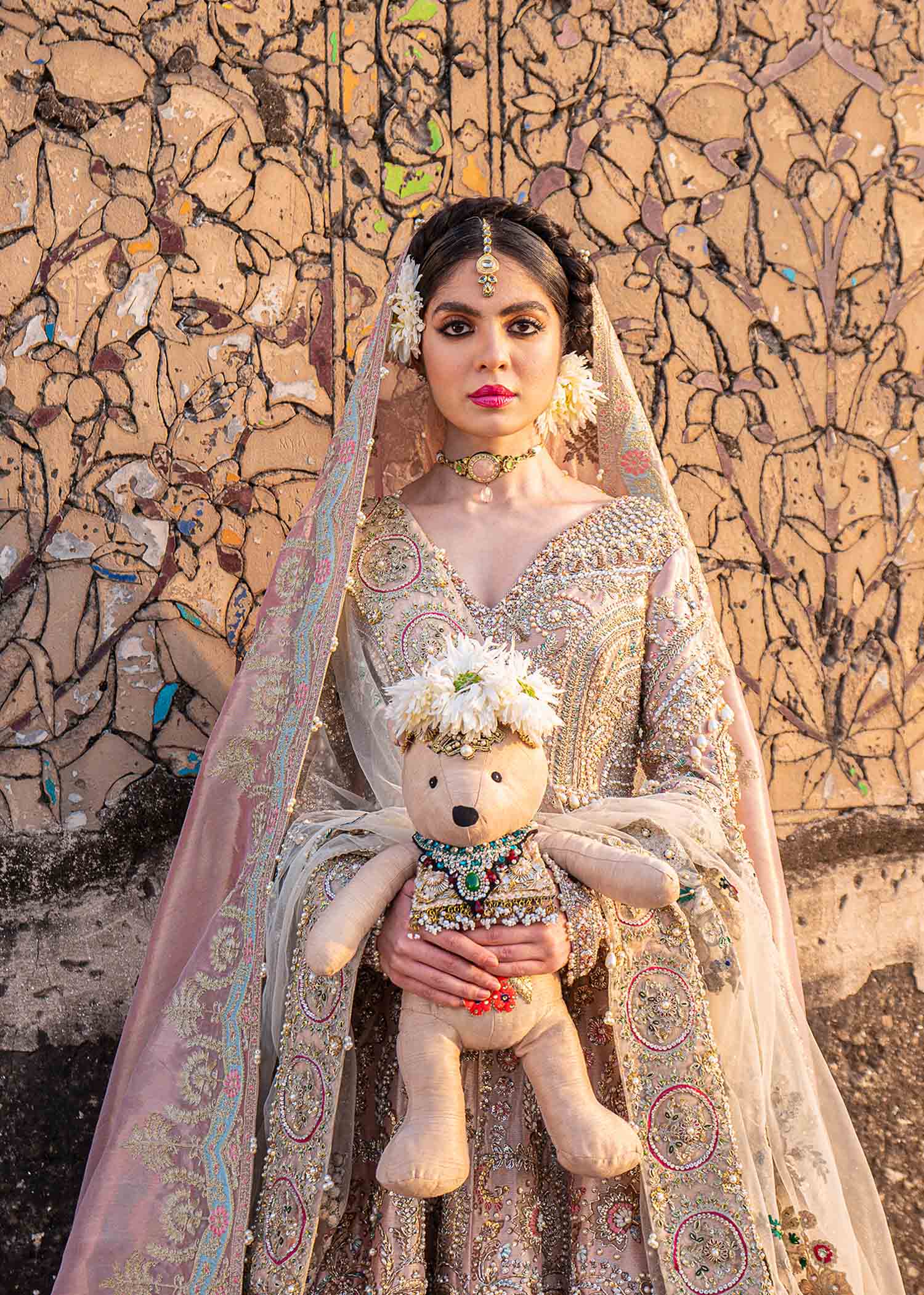 Pakistani Rose Gold Embellished Tissue Pishwas (3-Piece) - Image 7