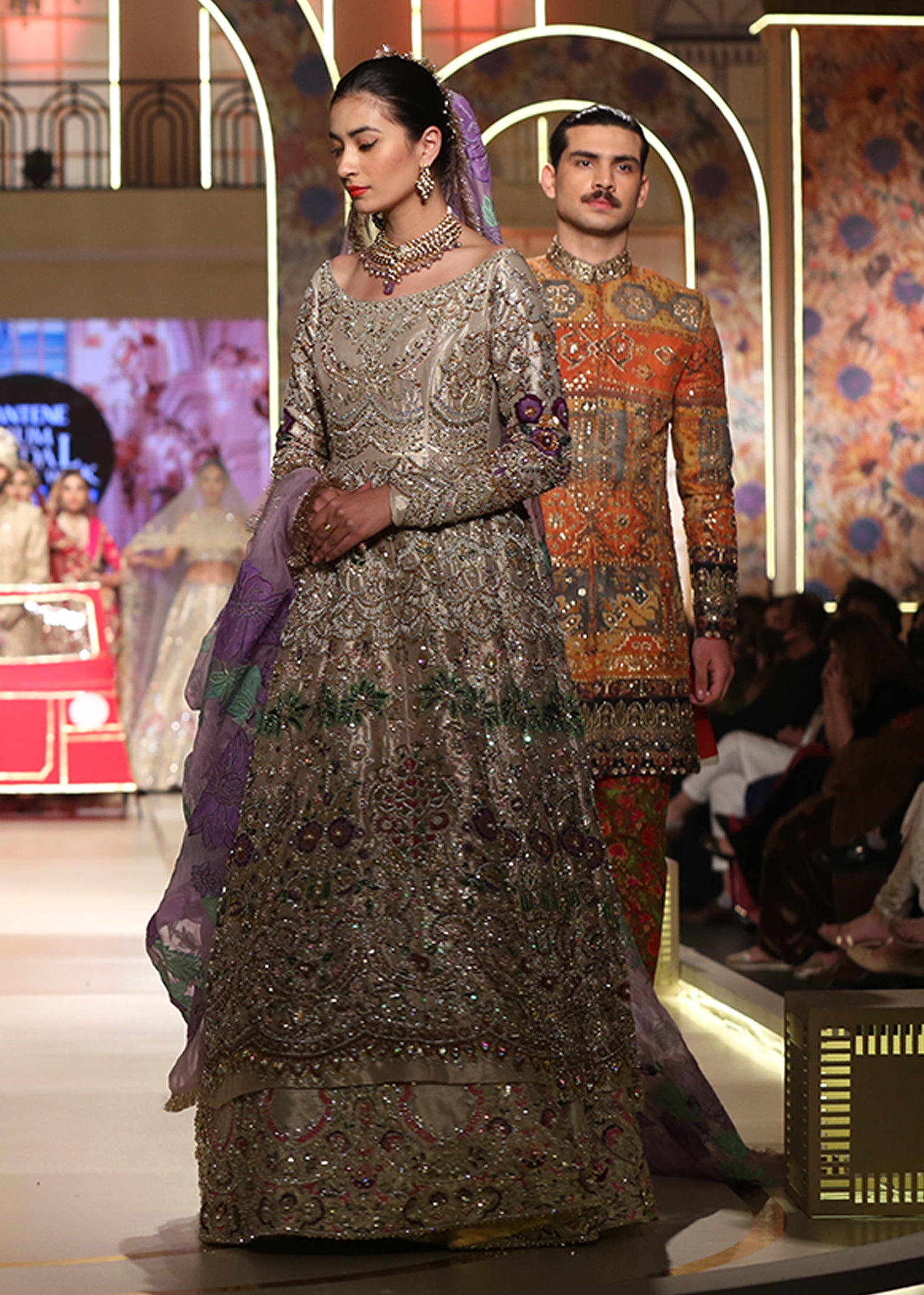 Silver-Gold Embellished Tissue Pishwas Dress (3-Piece) - Image 2