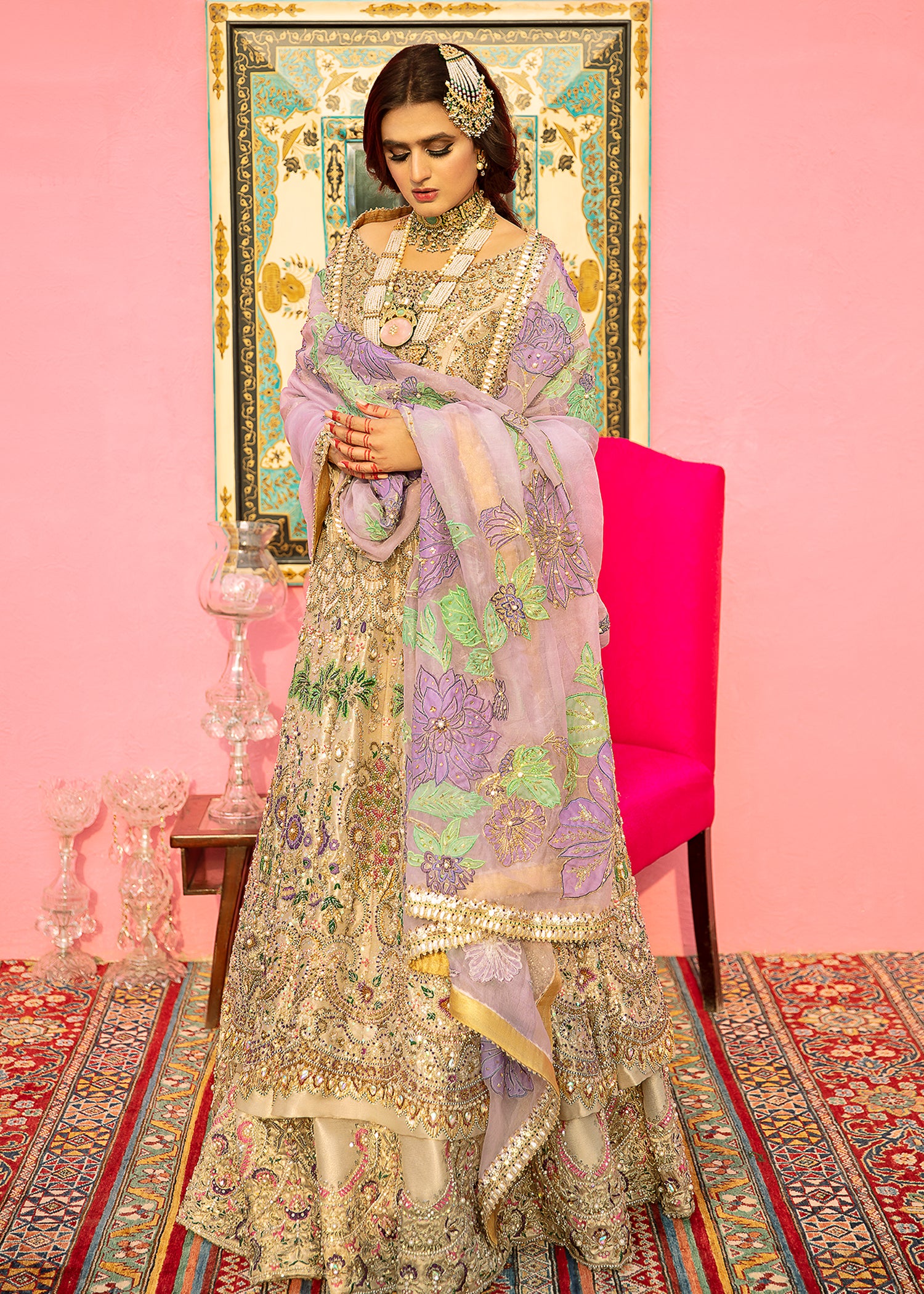 Silver-Gold Embellished Tissue Pishwas Dress (3-Piece) - Image 3