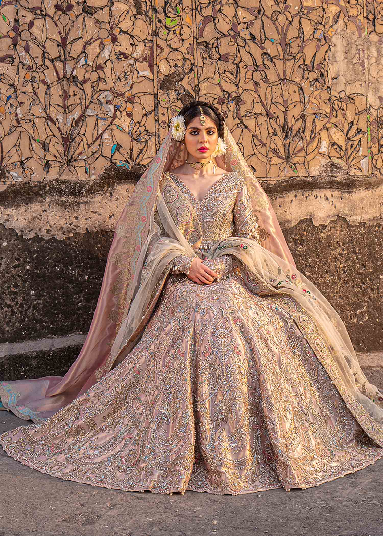 Pakistani Rose Gold Embellished Tissue Pishwas (3-Piece) - Image 2