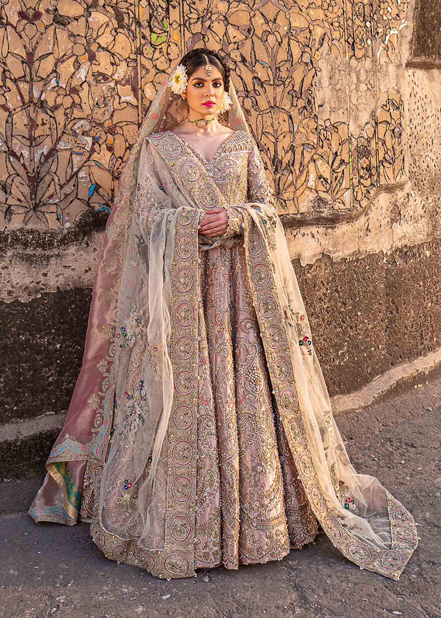 Pakistani Rose Gold Embellished Tissue Pishwas (3-Piece) - Image 5