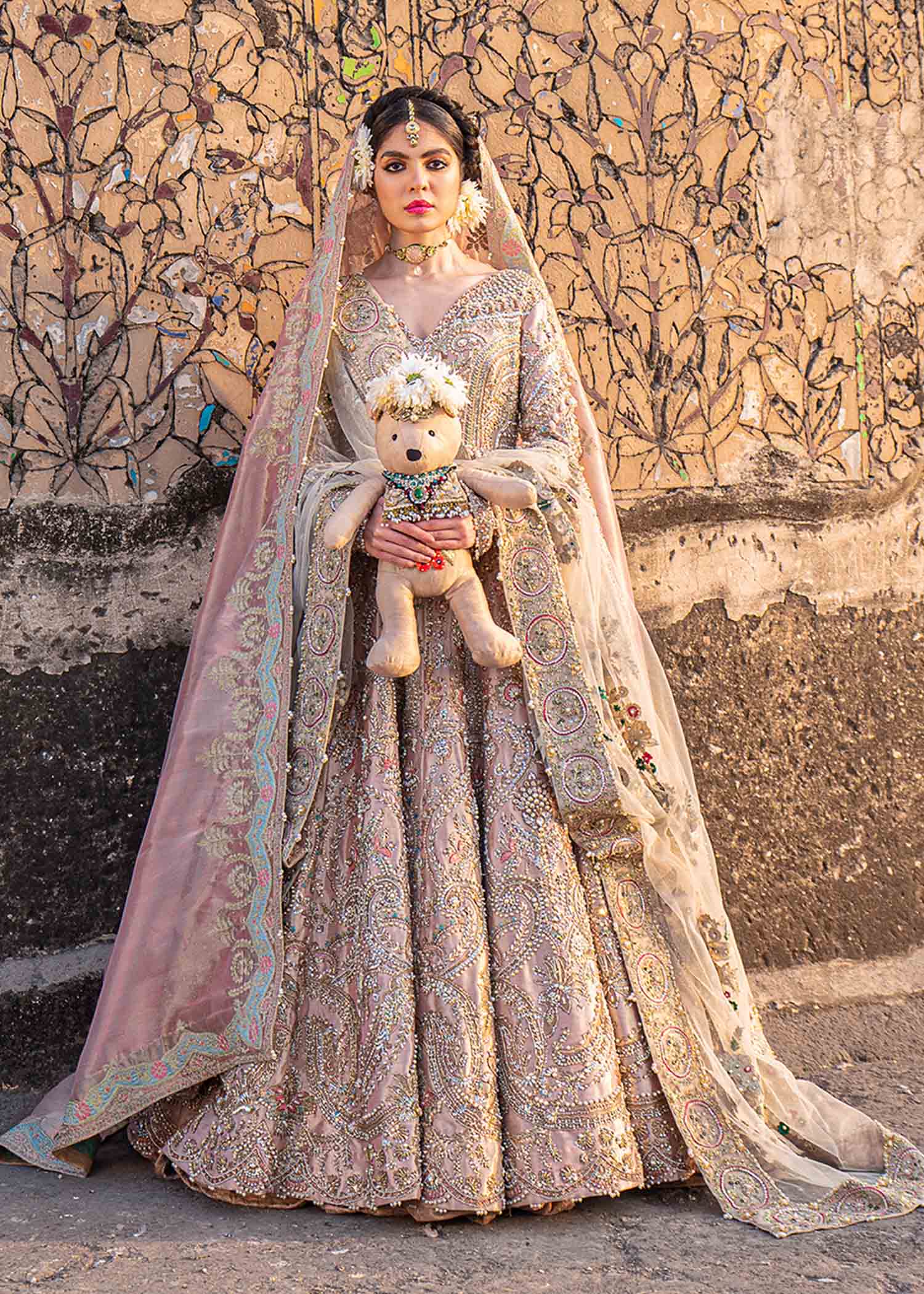 Pakistani Rose Gold Embellished Tissue Pishwas (3-Piece) - Image 1